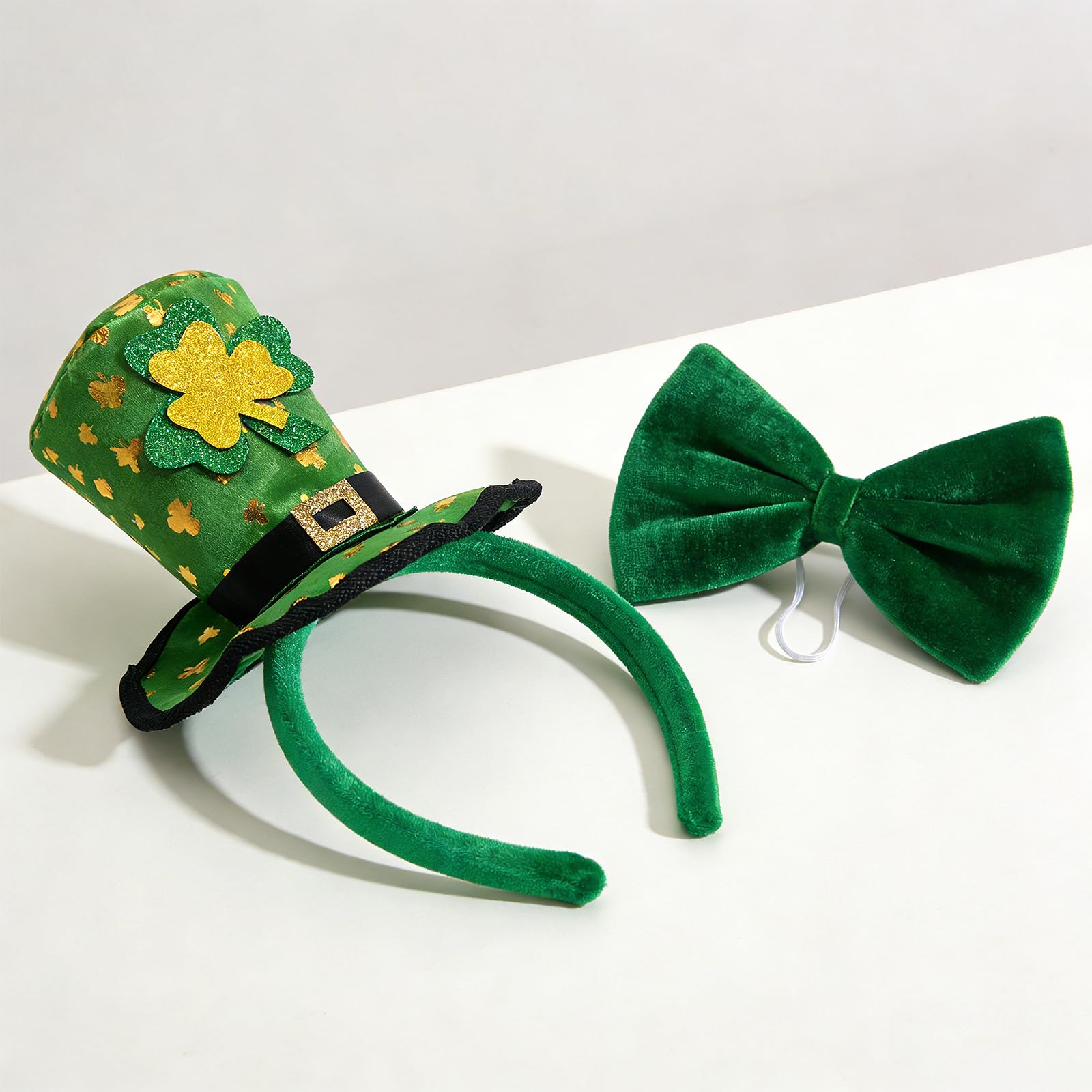 XinJiHongQiong 2 Pcs St Patricks Day Headband, Leprechaun Hat Headband Bow Tie, St Patricks Day Accessories