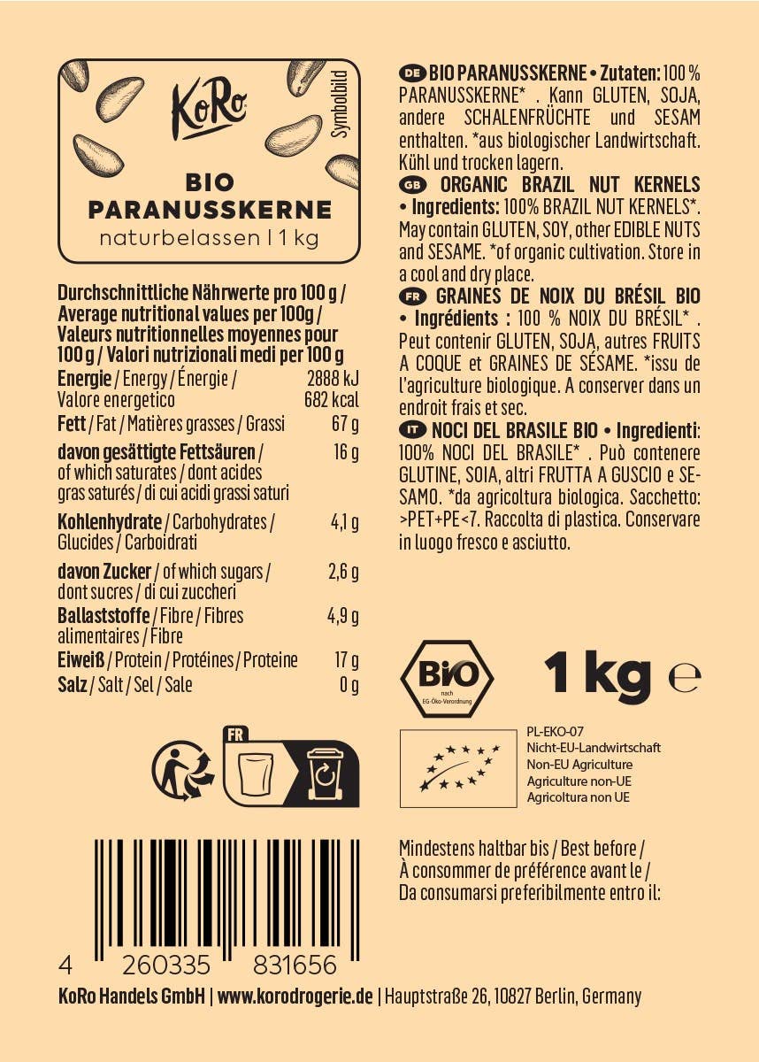 KoRo - Noix du Brésil bio 1 kg - Noix d'Amazonie, naturelles, crues, décortiquées et entières