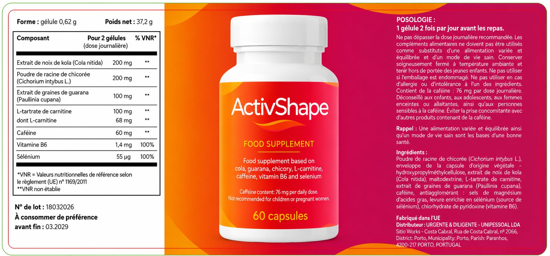 ActivShape 60 gélules – Complément alimentaire avec kola, guarana, chicorée, L-carnitine, caféine, vitamine B6 et sélénium (1)