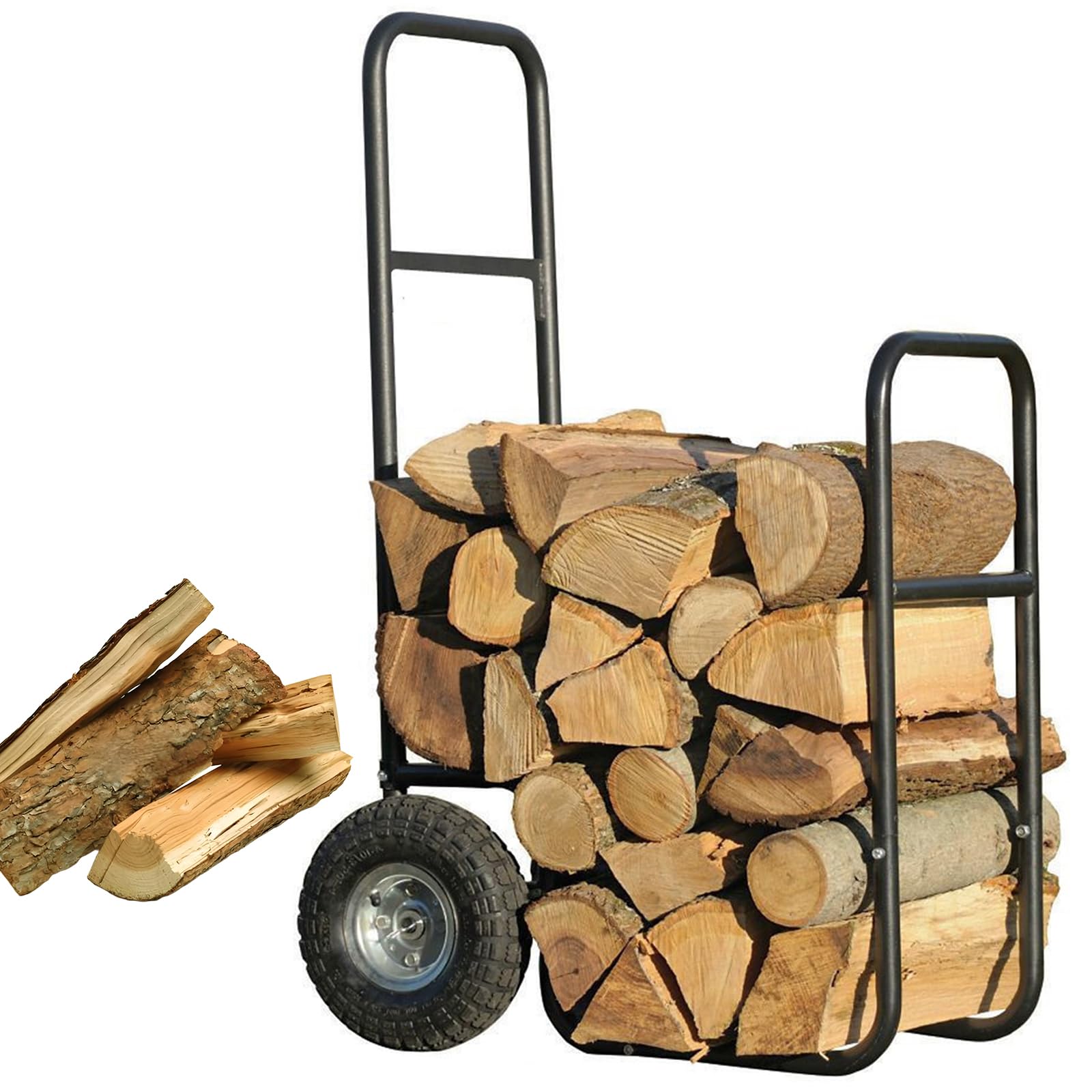 Carrello a legna interamente in terreno con ruote pneumatiche, trasportatore di telaio acciaio pesante contiene 250 libbre, per spostare facilmente camino e legno
