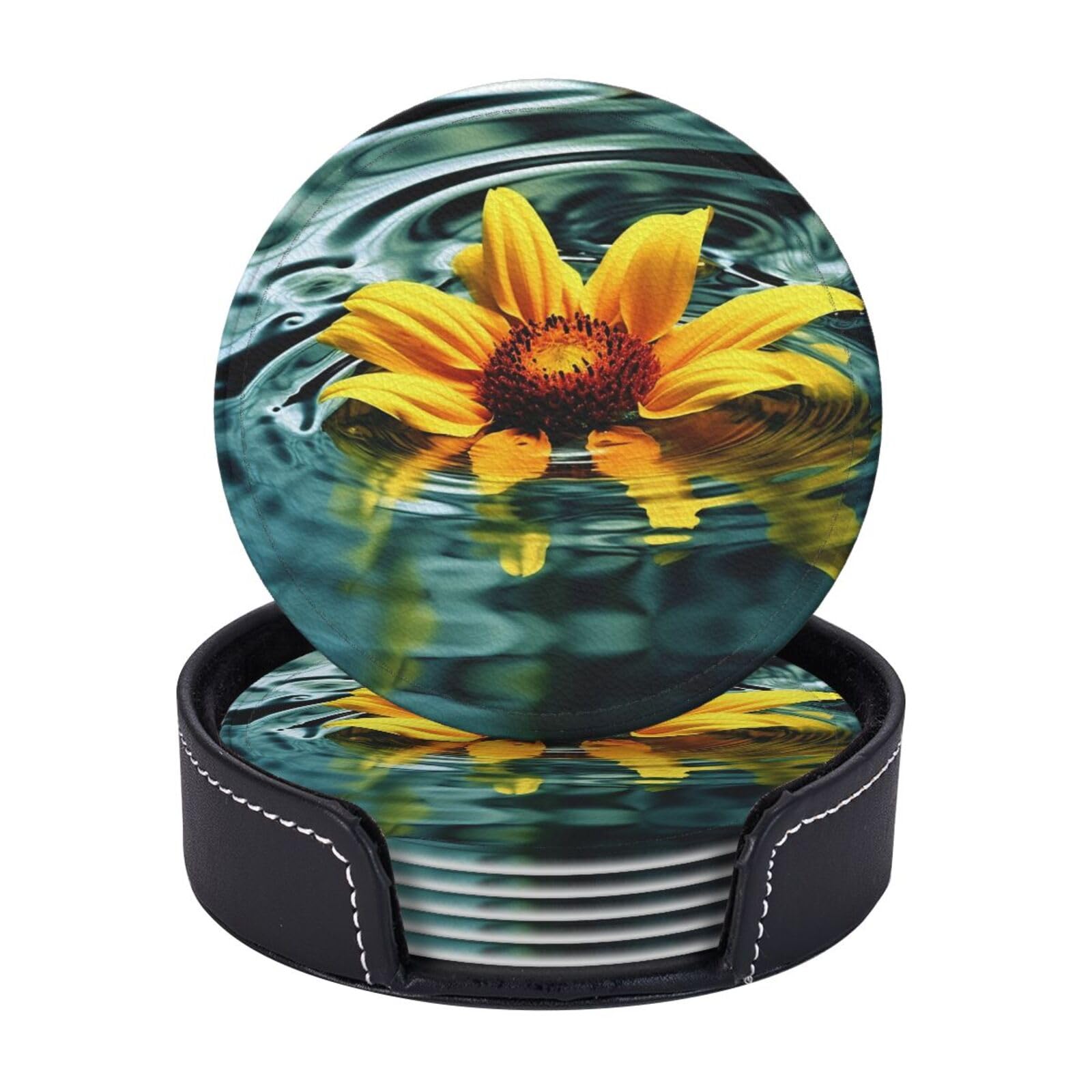 6PCS Drink Coasters with Holder, 4" Leather Coasters for Drinks, Sunflower in Water Cup Coasters for Coffee Table Decor, Non-Slip Drinking Cup Mat for Hot or Cold Drink