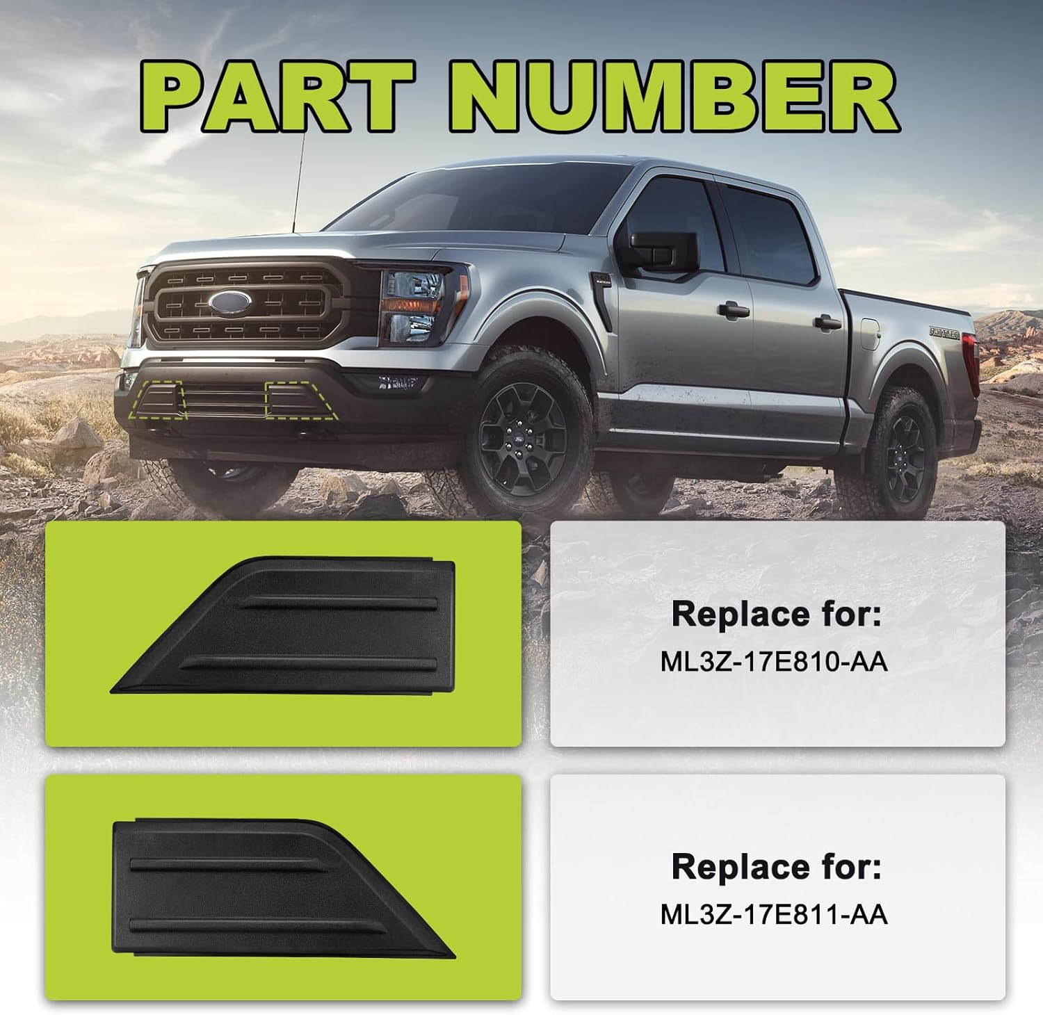 2Pcs F150 Front Bumper Repair Guards Pads Cover Insert Cap Compatible with Ford F-150 2021 2022 2023, Replace# ML3Z-17E810-AA ML3Z-17E811-AA for Left & Right Side (Matte Black)