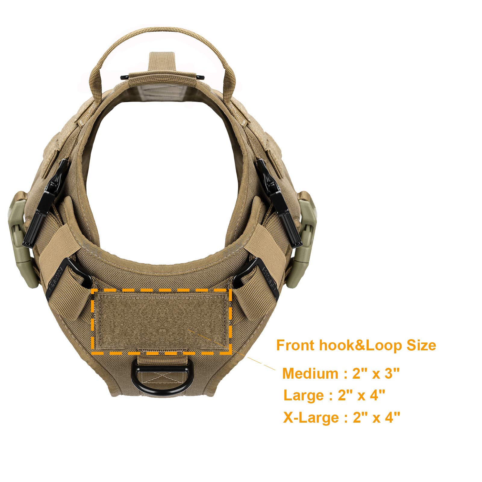 ICEFANG Taktisches Hundegeschirr mit 2 Griffen, MOLLE-Weste, kein Ziehen an der Leine vorne, Haken und Schlaufe für Hunde-Patch (XL (Halsumfang: 50,8 cm - 71,1 cm), Brustumfang: 81,3 99, Coyote Brown)