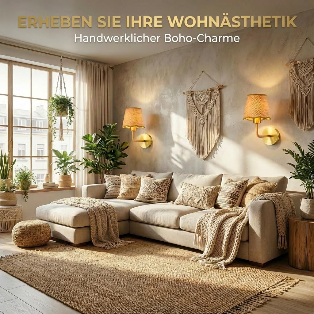 Wandlampe LED Wandleuchte Innen, 2 Stück Retro Wandbeleuchtung 3 Farbtemperaturen Gold Wandlampen Mit Rattan Lampenschirm, Wandleuchten für Badezimmer Schlafzimmer Wohnzimmer Beleuchtung Flur