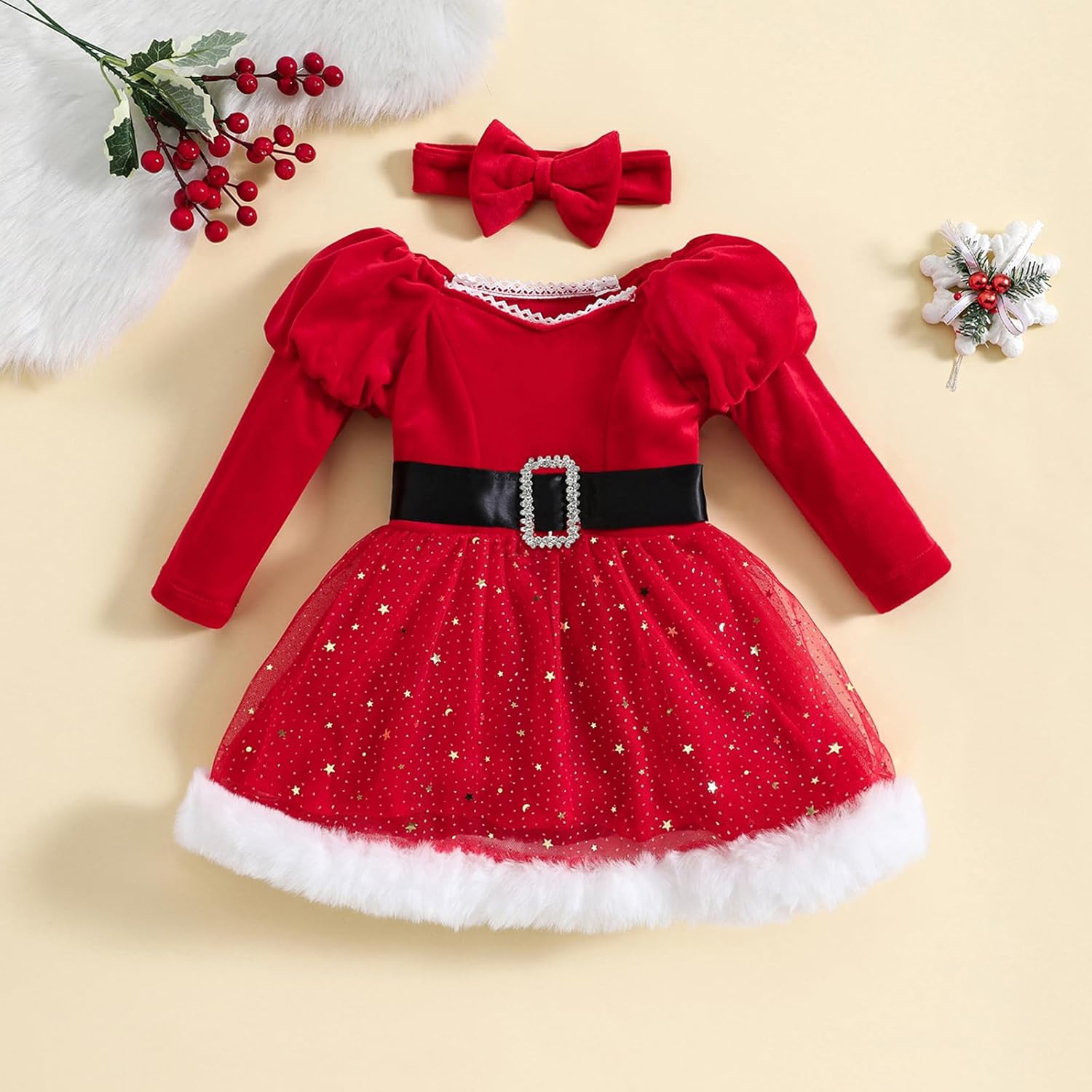 Toddler Baby Girl Christmas Dress Long Sleeve Santa Claus Red Velvet Dress with Headband Outfit Infant Xmas Clothes - Image 2