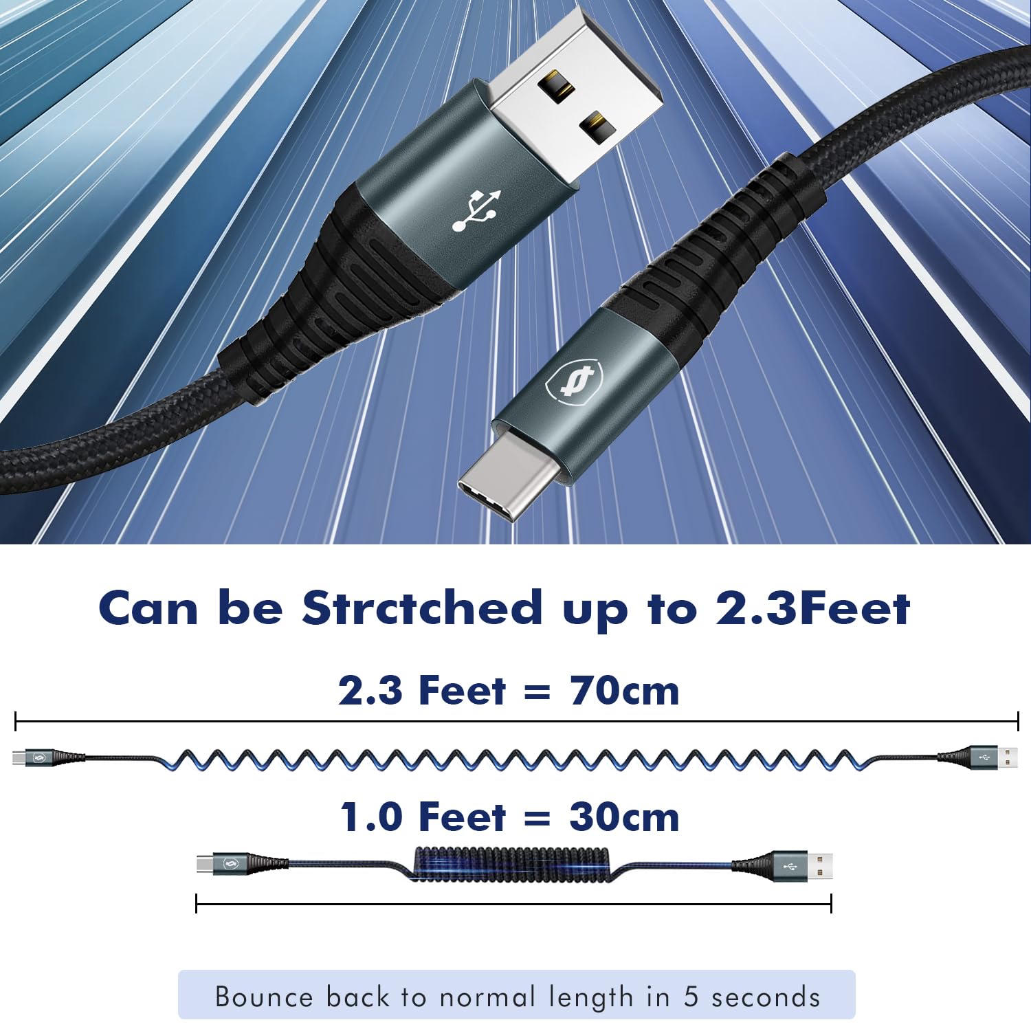 JUKEKUL Cavo USB C a spirale, 0,9 m, confezione da 2 cavi da USB A a USB C, ricarica rapida, cavo di ricarica intrecciato di tipo C, compatibile con iPhone 15 Pro Max Plus Note 20 iPad Pro Air Mini