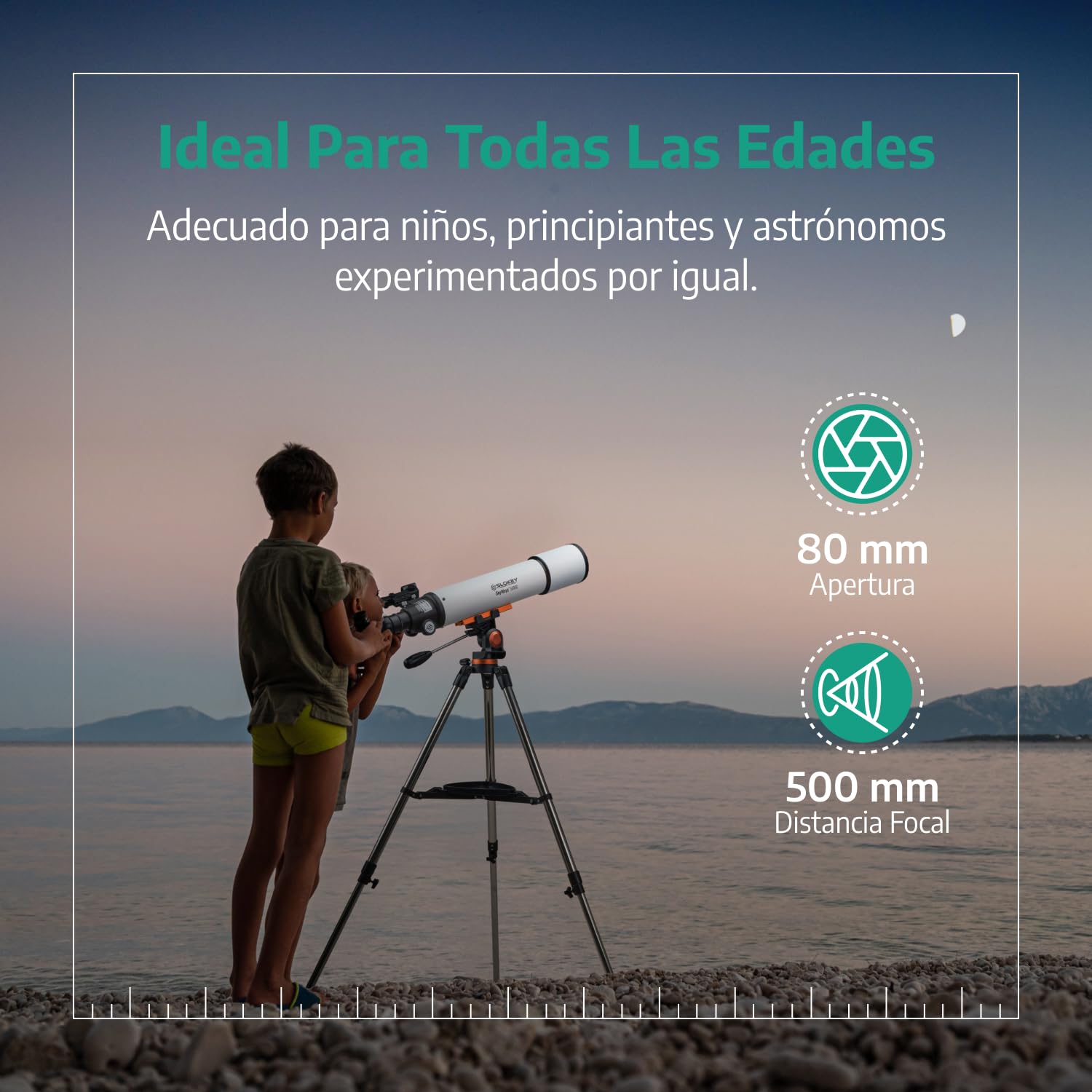 Slokey 50080 Telescopio Terrestre y Astronómico Refractor 25x-250x - Telescopio Portátil 80 mm para Niños y Principiantes - Observación de Estrellas Luna, Planetas, Incluye Trípode de Acero Inoxidable