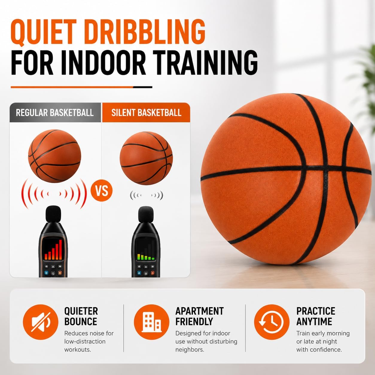 Silent Basketball Size 7 (29.5") - Airless Indoor Training Ball