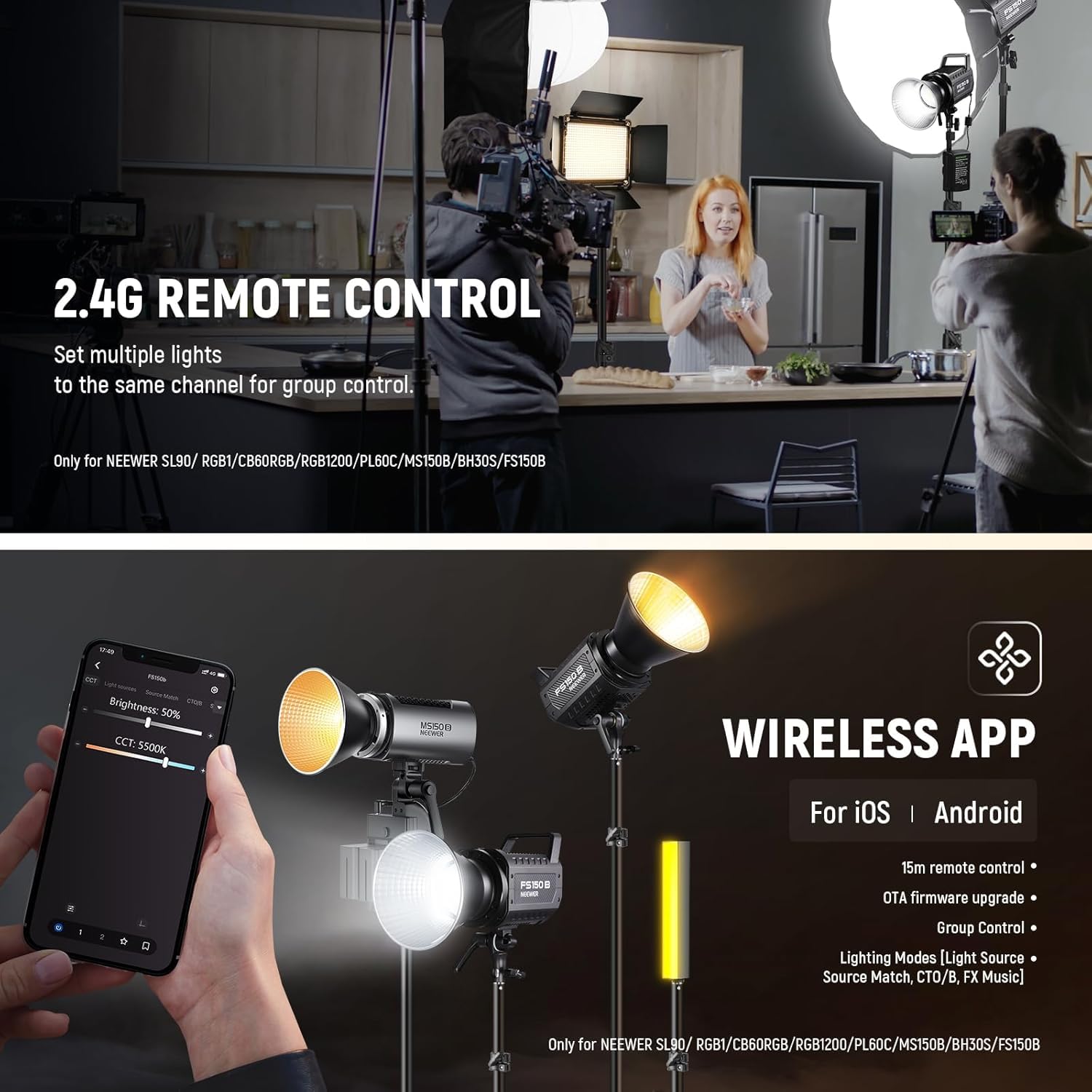 NEEWER FS150B LED lampa wideo ze sterowaniem 2,4 G/aplikacją, 130 W Bi Color COB, cicha praca, światło ciągłe COB Bi-Color Studio z 4 rodzajami precyzyjnego ściemniania, 72000 lux/1 m 2700K-6500K CRI
