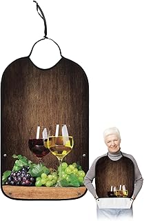 QueenKer Funny Adult Bibs for Eating, Glasses Wine Grapes on Rustic Wooden Grain Waterproof Clothing Protector Washable Adult Bib with Crumb Catcher for Men Women Elderl and Seniors