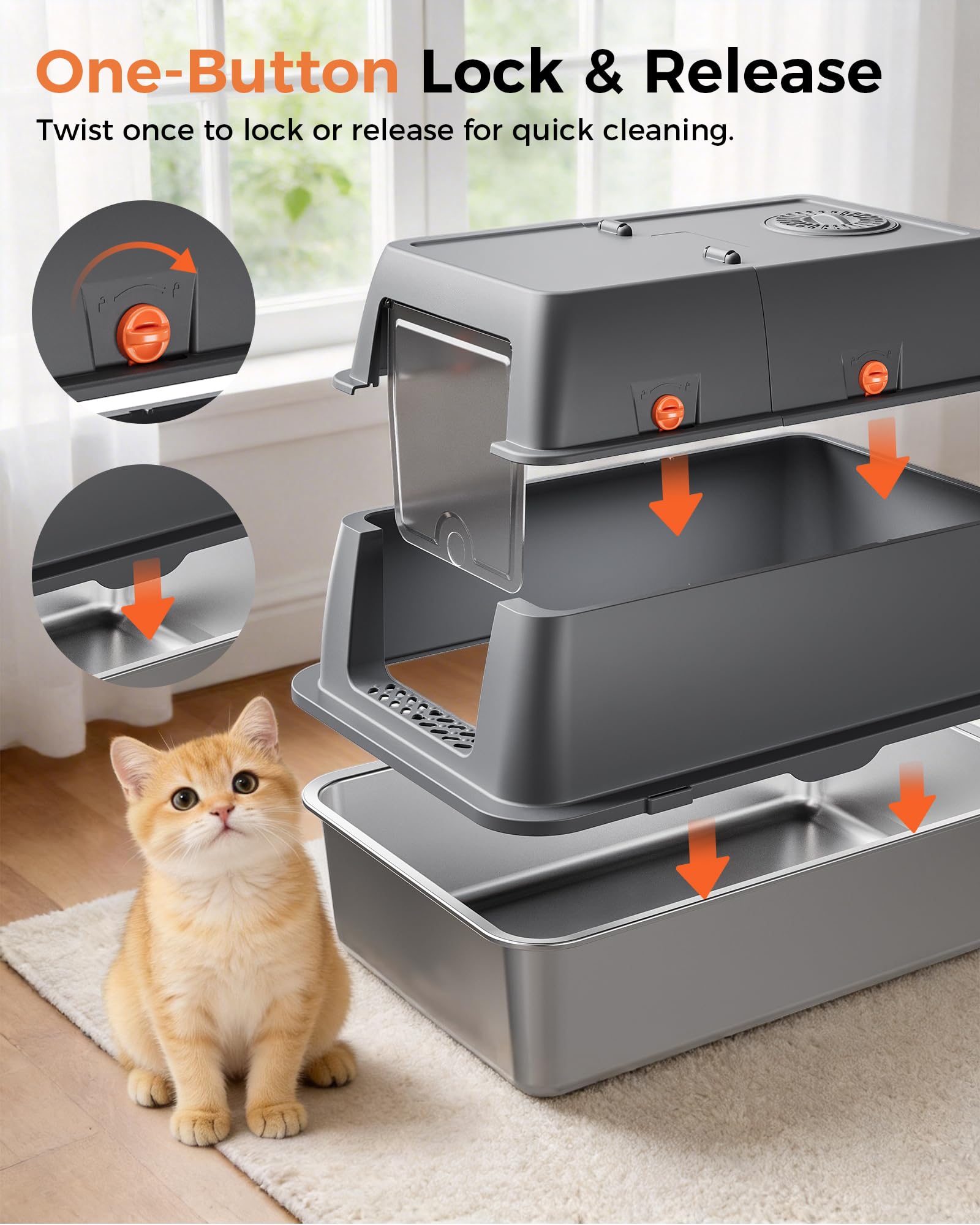 GTPLAYER XXL Stainless Steel Cat Litter Box with Lid, High Sided Enclosed Covered Litterbox, Activated Carbon Odor Control, Extra Large Metal Cat Box, Non-Stick, with Mat & Scoop, Grey - image 5