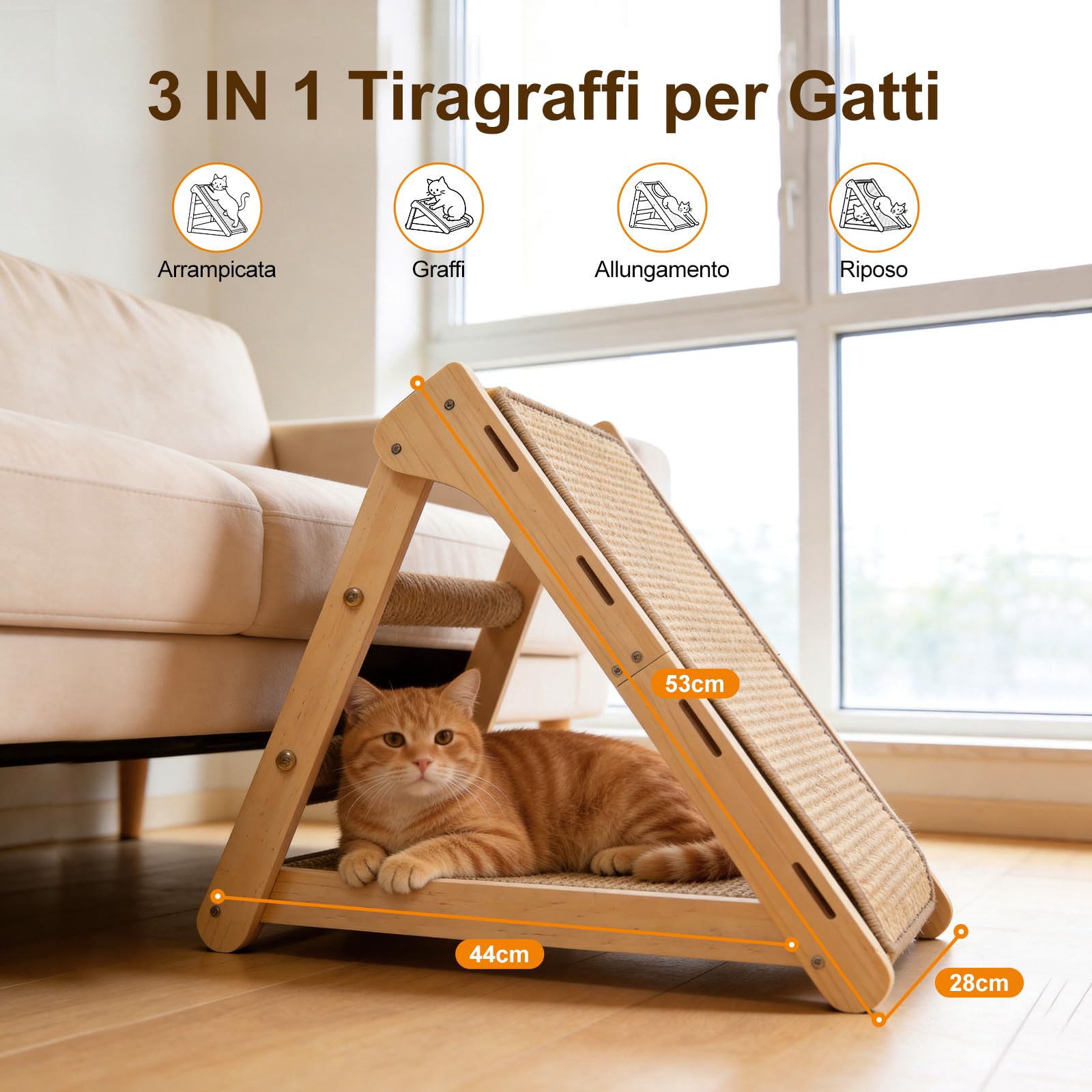 DONWEI Tiragraffi Gatti Triangolare Sisal 50X28X50Cm Faggio Salvaspazio | Pannello Pieghevole Con Tappetino Sostituibile, Protegge Divani E Adatto A Tutte Le Razze Di Gatti