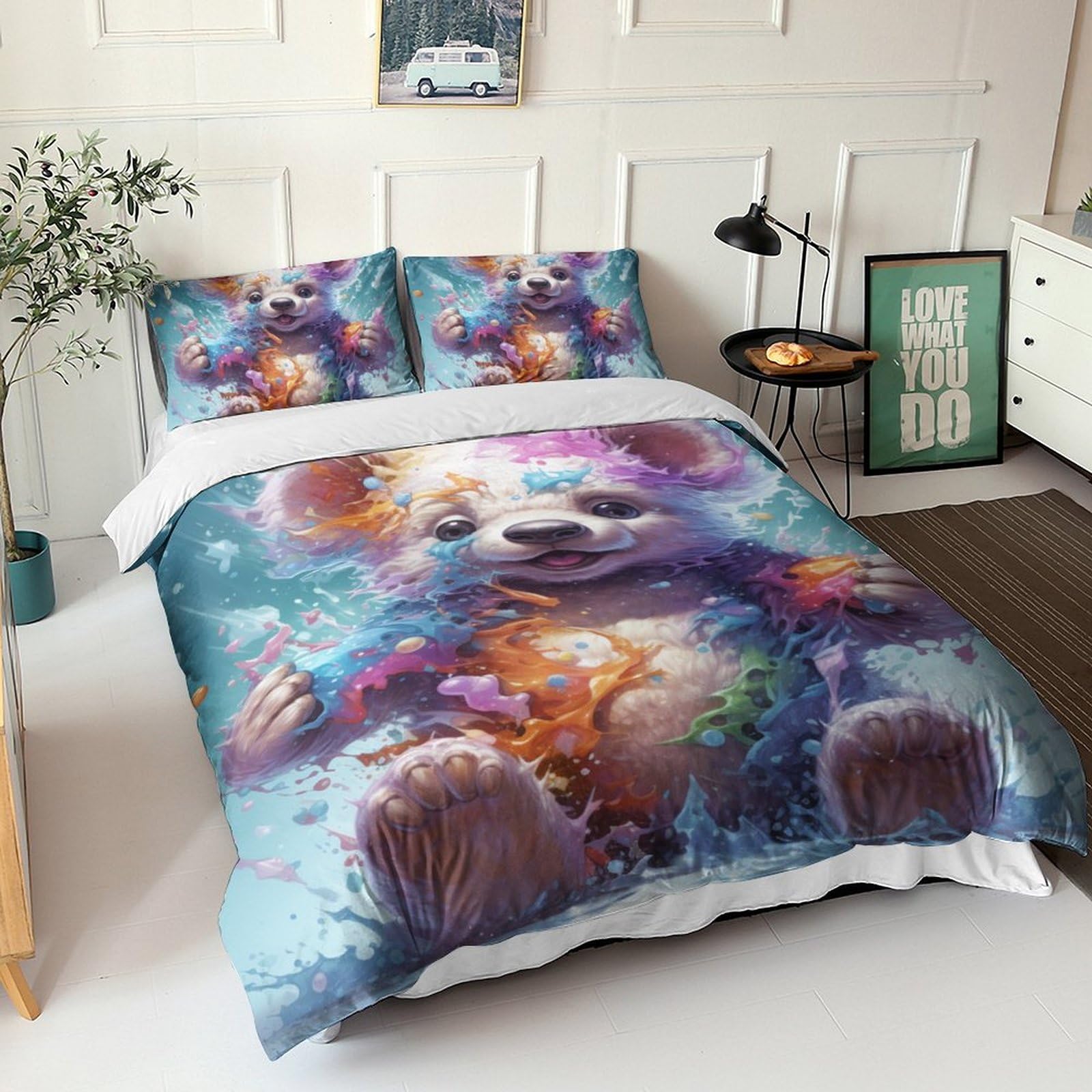 Parure de lit hypoallergénique avec housse de couette ours 3D en microfibre King