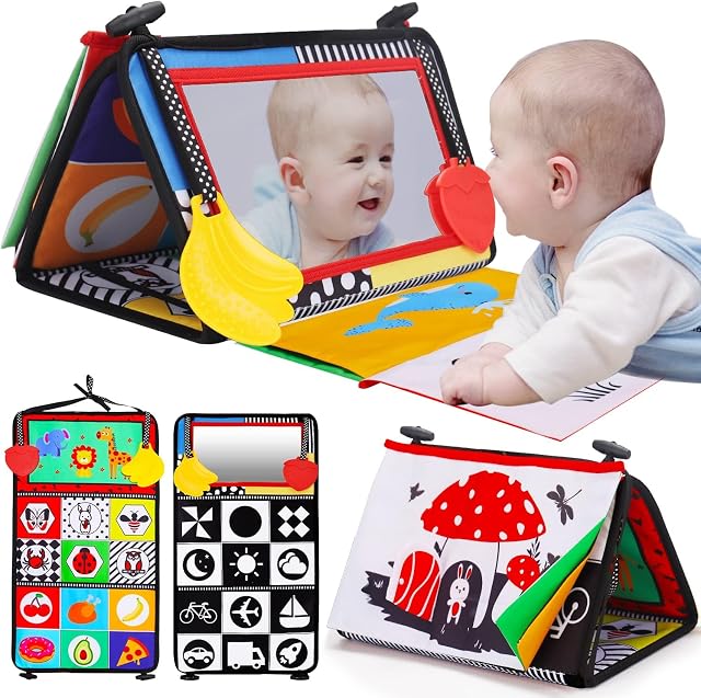 Jouet miroir pour bébé Tummy Time, Jouets noirs et blancs à contraste élevé pour bébé nouveau-né 3 6 12 Mois, Montessori Crinkle Cloth Book Sensory Activity Development Cadeau pour 0-6 mois Bébé Garçons Filles Cadeau de Pâques