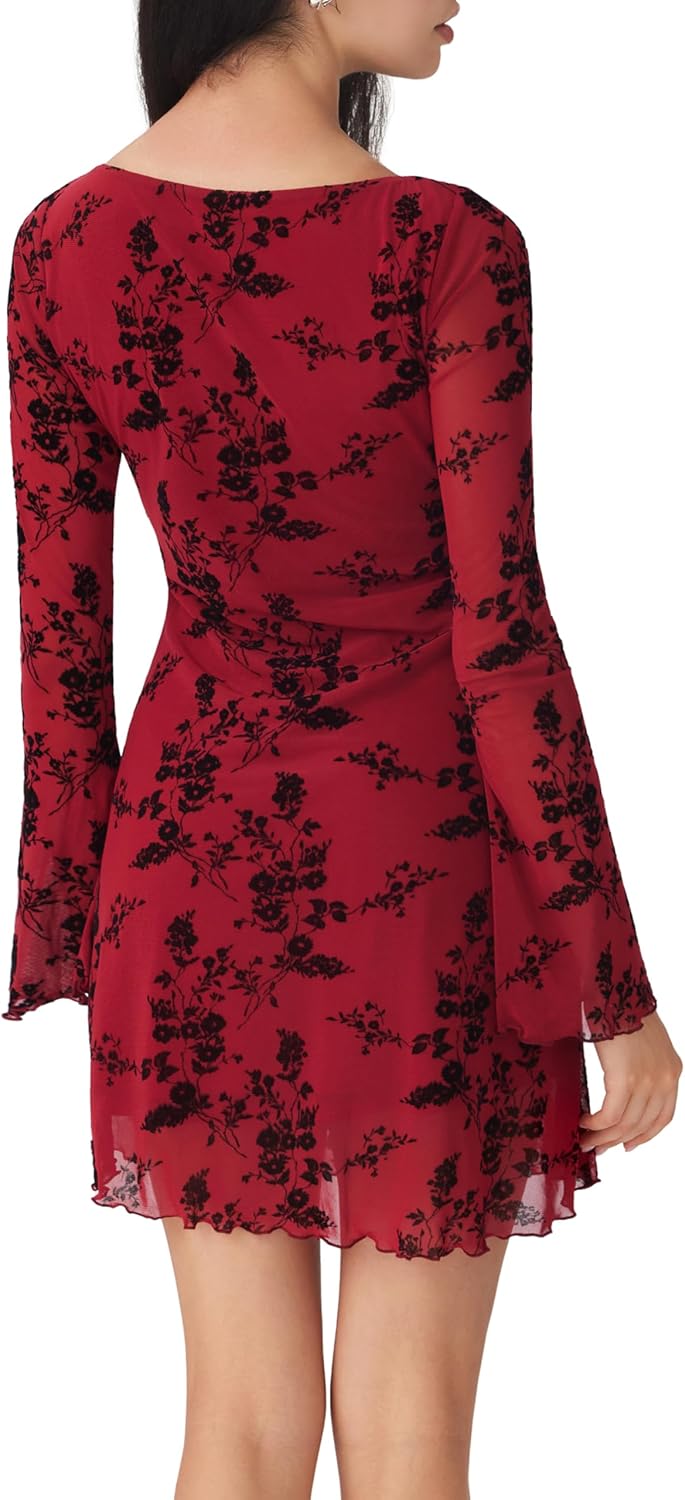 CIDER Womens Floral Mesh Mini Dress Long Sleeve Boat Neck Sheer Party Date Night Dresses Fall Trendy - Image 5
