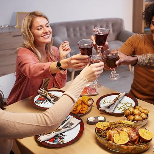 Miniatura 5 de Maxcheck 200 piezas de suministros para fiestas de Navidad, platos de papel y servilletas para 50, vajilla de Navidad a cuadros rojos y negros,