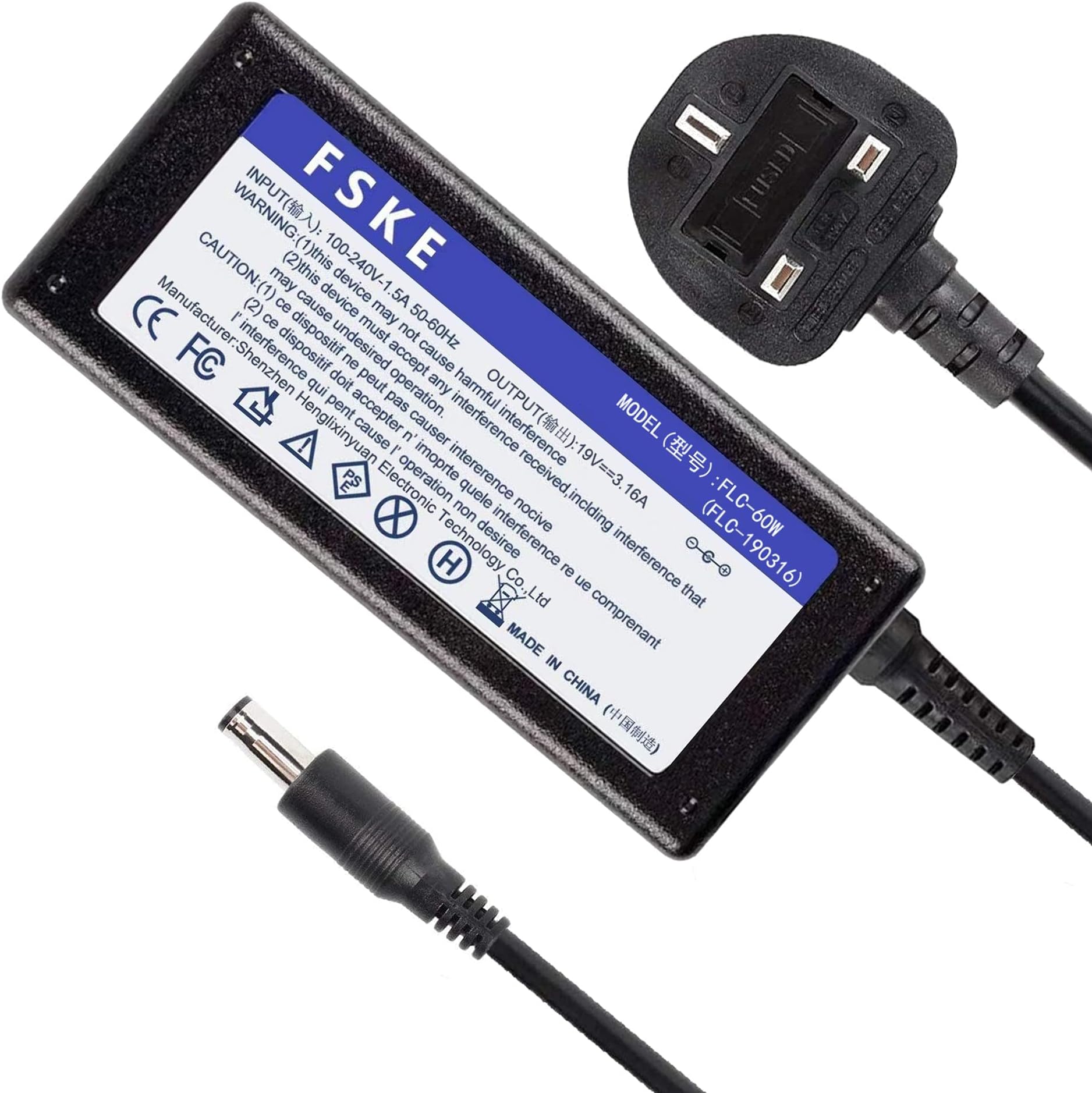 FSKE 60W 19V 3.16A Laptop Charger for Samsung R720 R710 R610 R428 NP350V5C R580 NP300E5A RV510 RV720 R510 R410 R520 Notebook AC Adapter UK power supply Connector: 5.5 *3.0mm(not fit for 4.0*1.35mm)