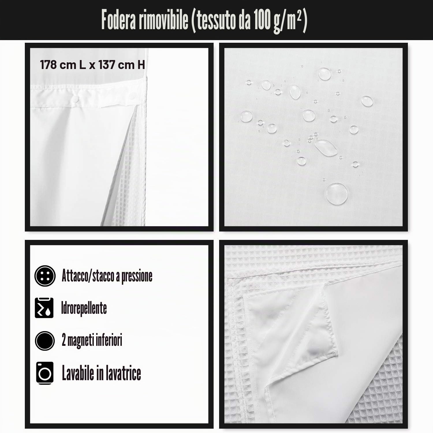 Tenda da doccia in cotone in stile hotel, con fodera in tessuto a scatto, parte superiore in rete, tessuto misto cotone a nido d'ape, lavabile, colore bianco, 183 x 183 cm