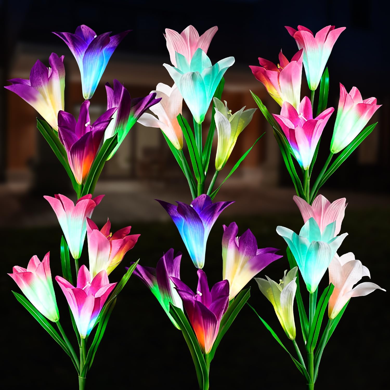 6 Pack Solar Garden Lights Outdoor, 7 Color Changing LED Waterproof Solar Powered Lily Flowers Landscape Lights for Outside Yard, Patio, Pathway Decorative, Décor