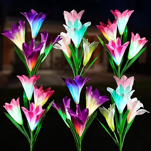 6 Pack Solar Garden Lights Outdoor, 7 Color Changing LED