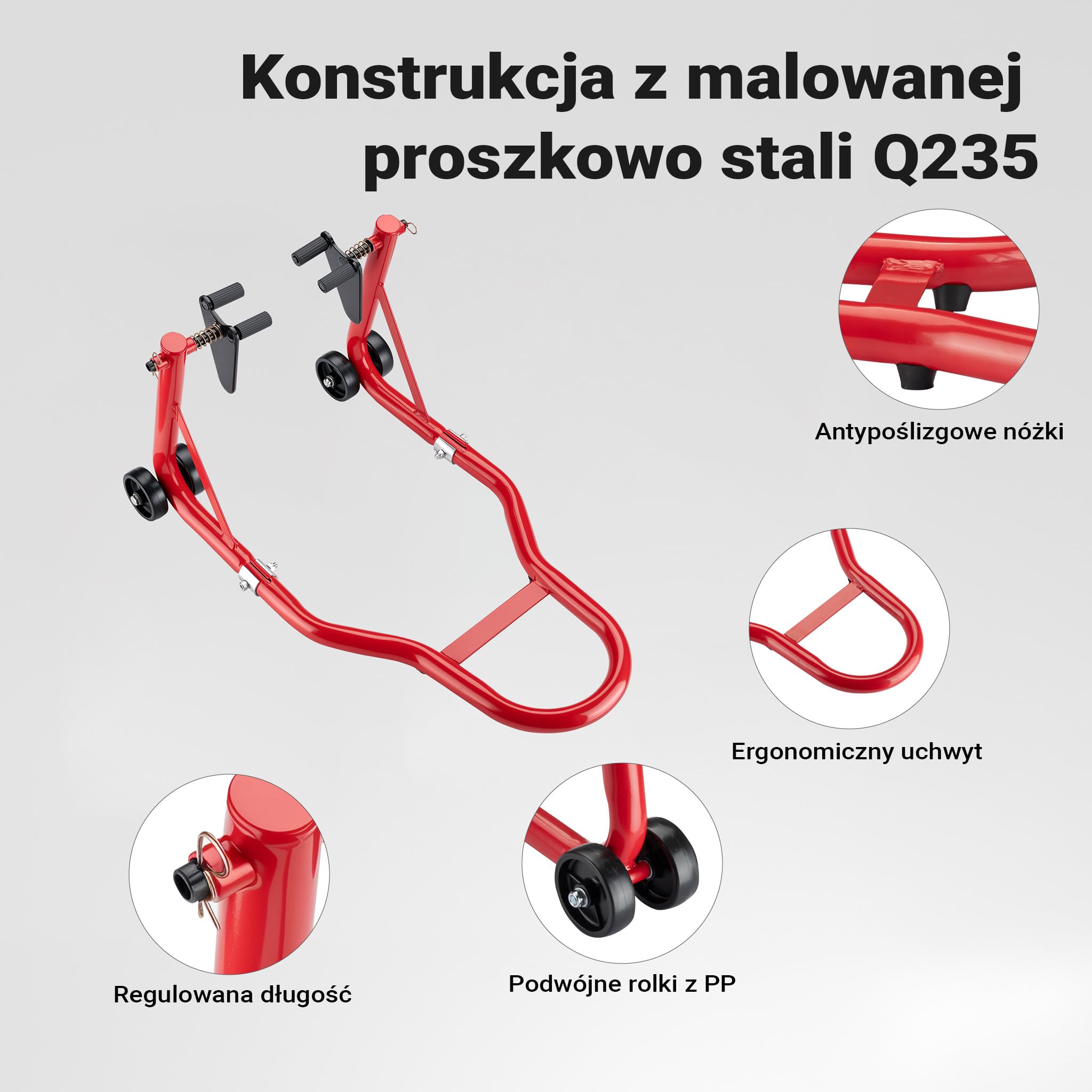 Wiltec Stojak na motocykl o wymiarach 670 x 445 mm do przedniego koła o szerokości 230-290 mm, stojak do serwisu koła motocyklu