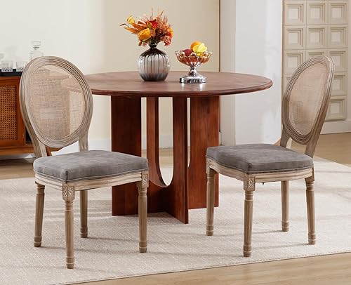 Miniatura 3 de chairus Juego de 2 sillas de comedor de ratán de granja, sillas de campo francesas de cuero con respaldo redondo, sillas laterales ovaladas para