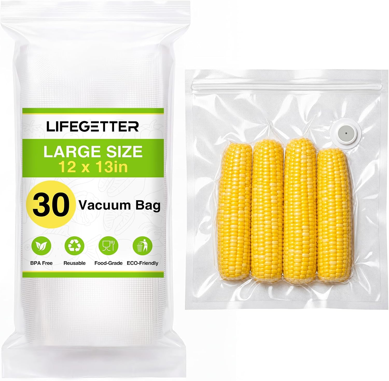 Reusable Vacuum Sealer Bags for Food, 30 XL-Large (12"x13") Bags