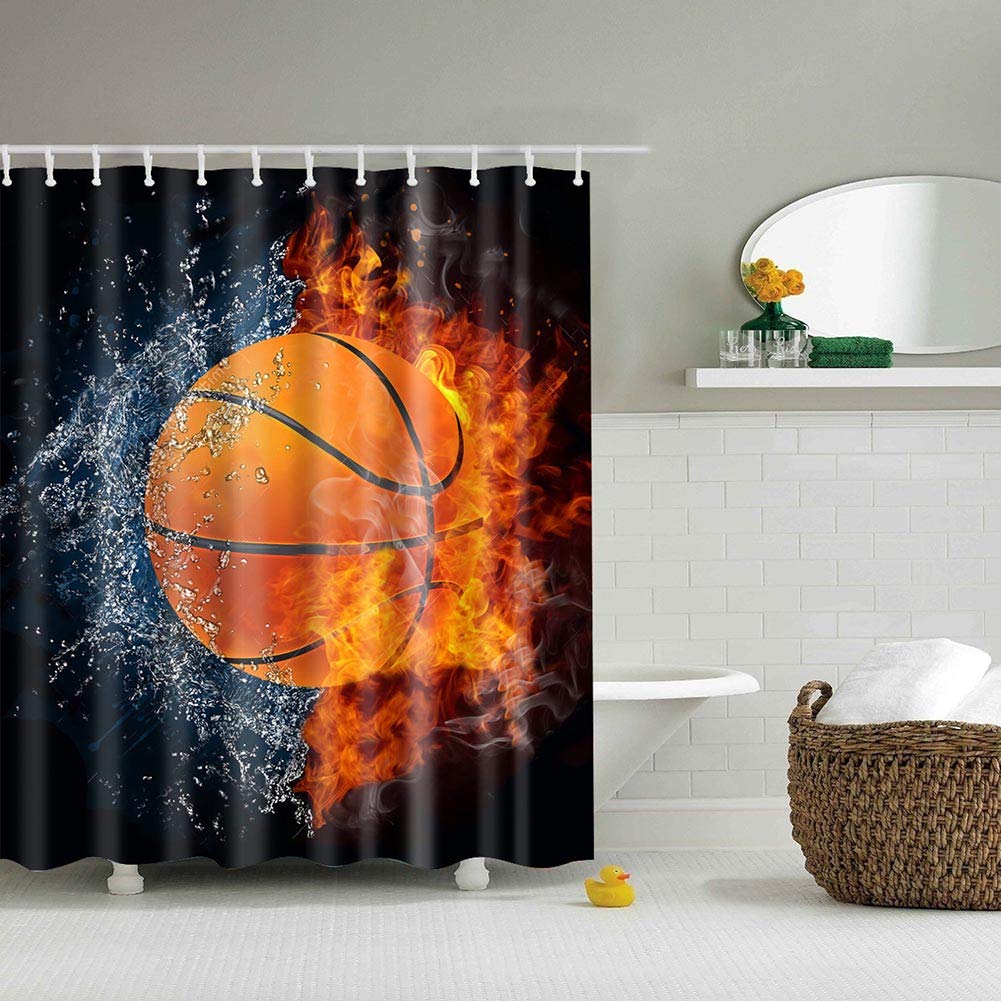 BOYOUTH Basketball Between Water and Fire Pattern Digital Print Shower Curtain for Bathroom Decor,Polyester Waterproof Fabric Bath Curtain with 12 Hooks,70x70-Inch,Multicolor