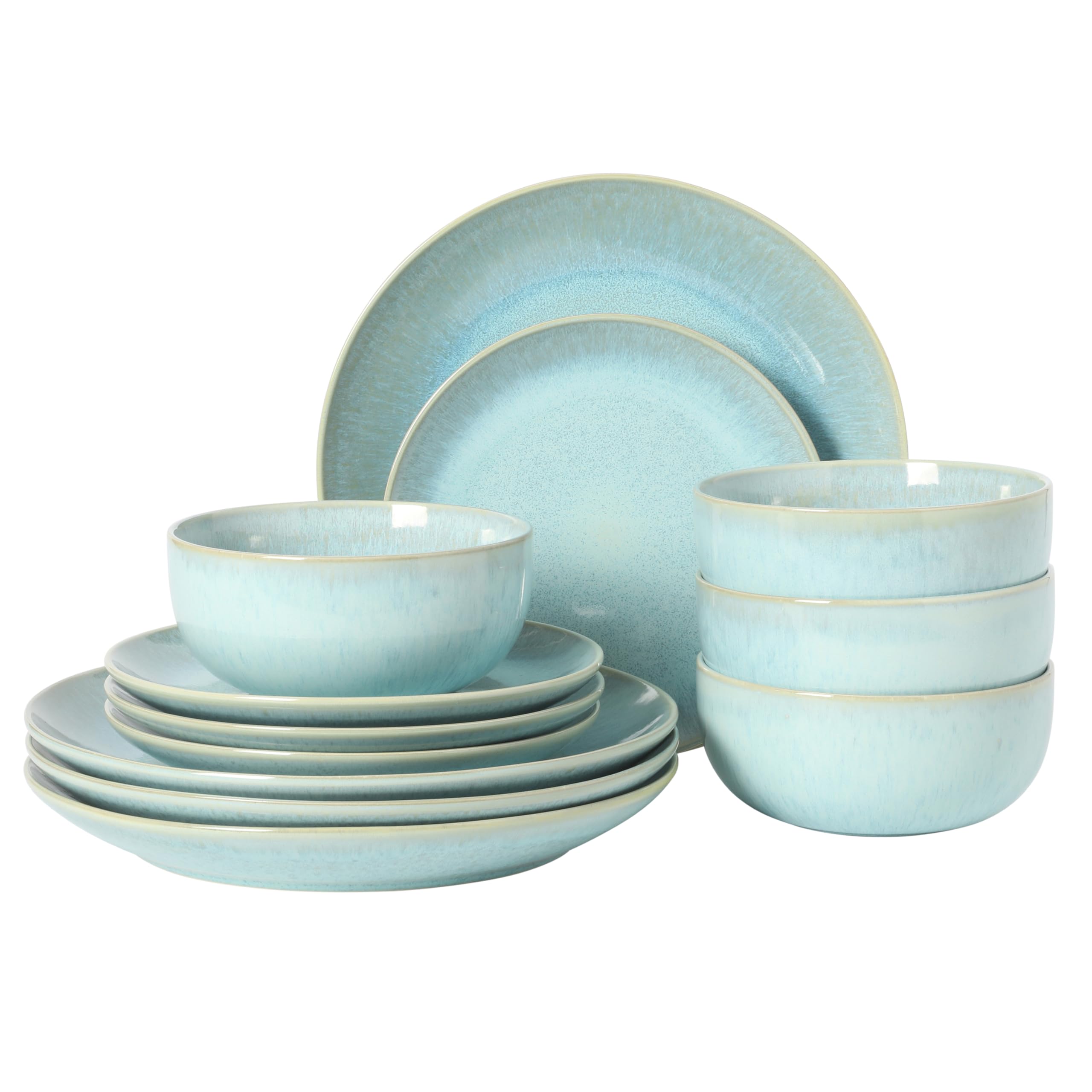 Pine Coast Plates and Bowls Sets, 12-Piece Stoneware Dinnerware Sets, Reactive Glaze Dish Set - Blue