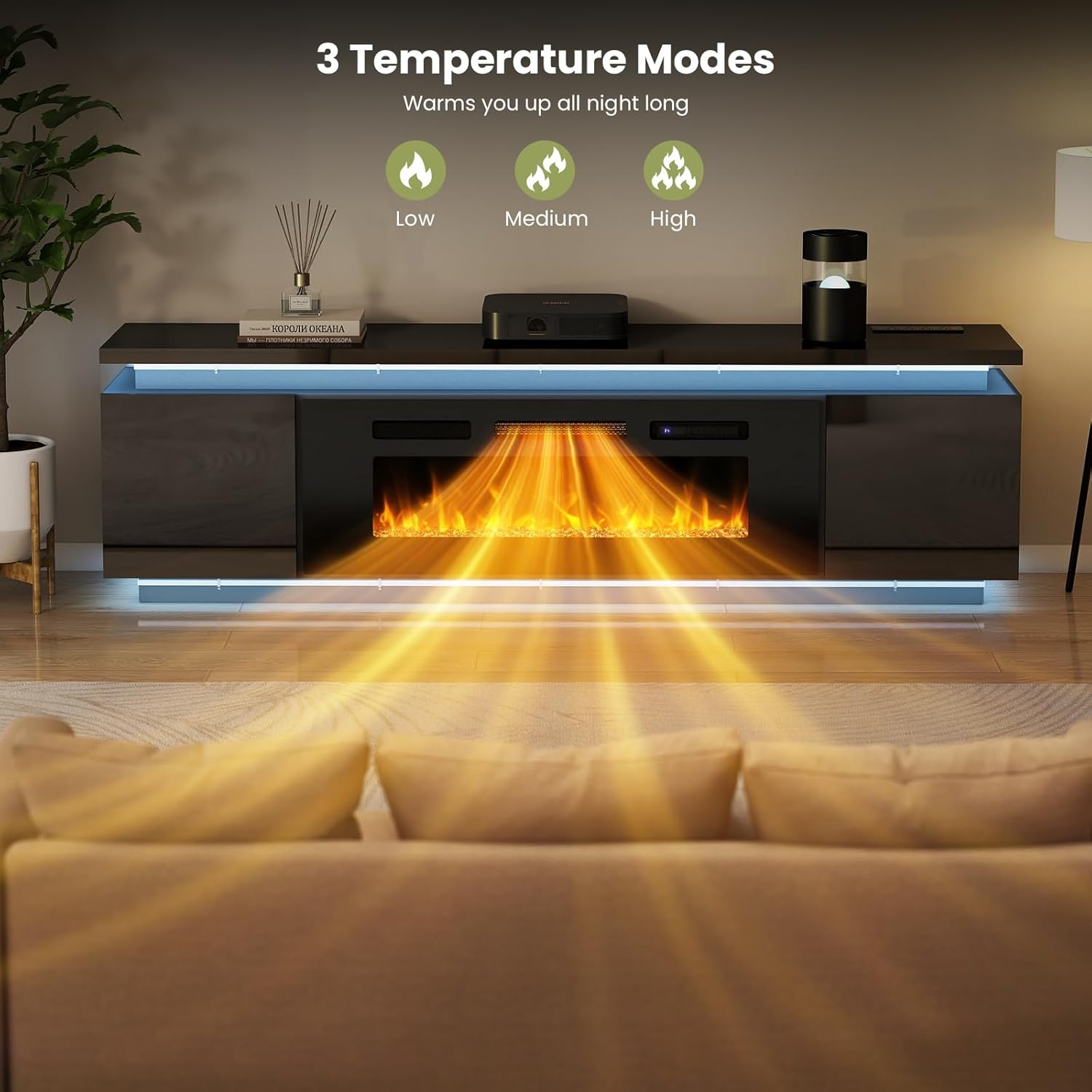 Fireplace TV-Stand with 40" Fireplace - 2 LED Light TV-Stand for 85 inch TVs, Entertainment Center with 4 AC Power Outlets, 2 Tier TV Consoles Stand for Living Room, Black - Image 4