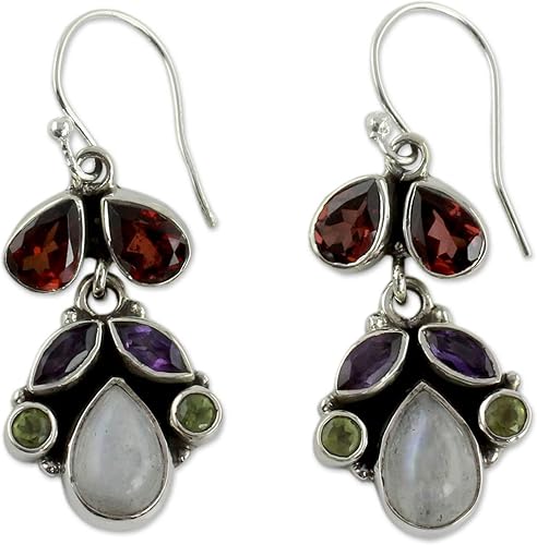 NOVICA Aretes artesanales hechos a mano con piedra de luna de amatista, plata de ley 925, multigema de la India, granate, peridoto verde