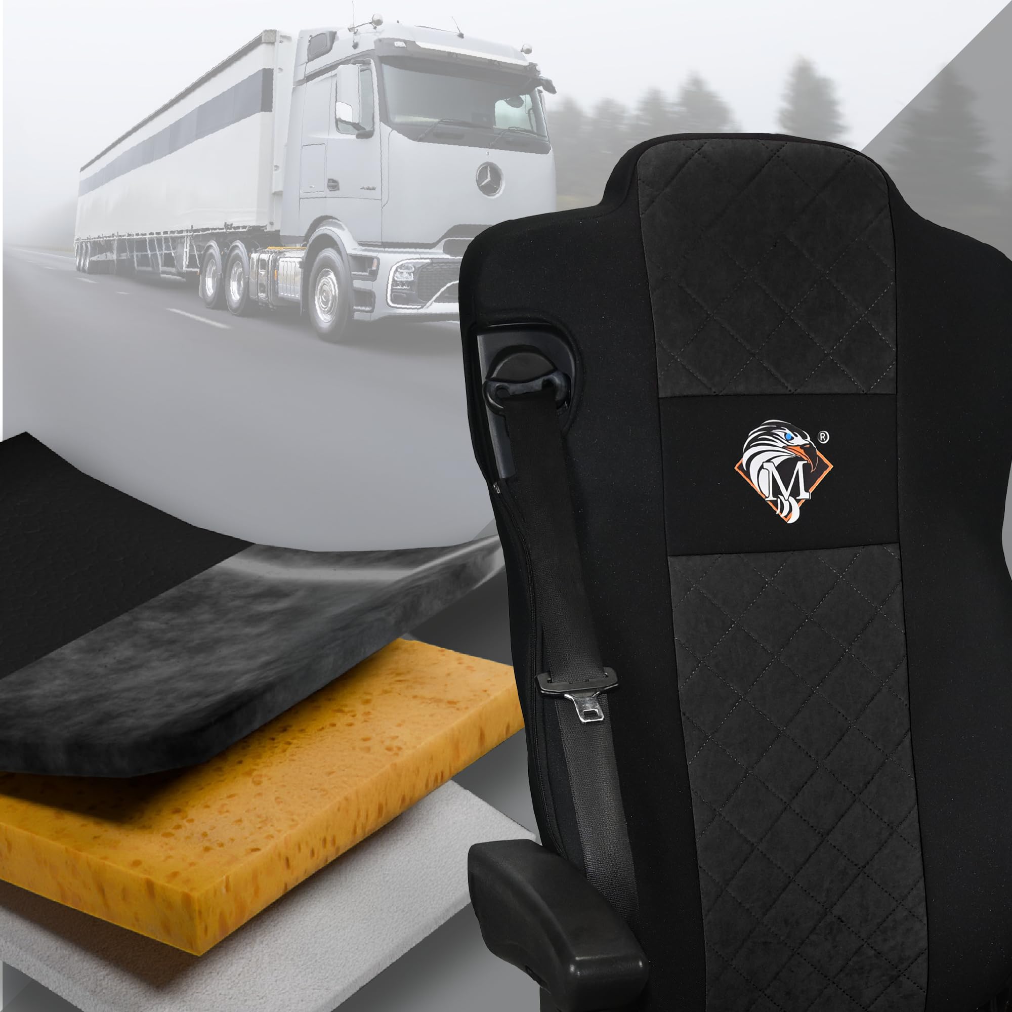 SABA Funda de Asiento para Mercedes ACTROS L de 2022, 2 Cinturones de Seguridad, Asientos de avión, Asiento de Pasajero sin suspensión Negro Accesorios de protección para Asientos de Camiones