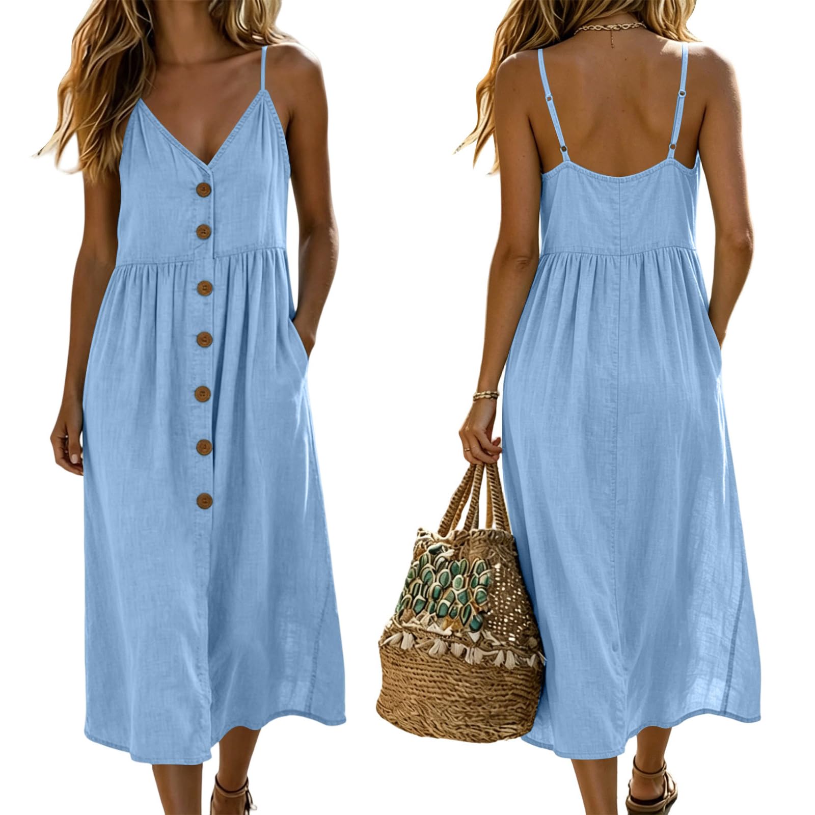 Trägerkleid Damen Sommer Midi - A-Linie Baumwolle Sommerkleid, Einfarbig Spaghettiträger Kleid, V-Ausschnitt Boho Strandkleid, Freizeit Midikleid mit Taschen, Leicht und Lufitg Freizeitkleid