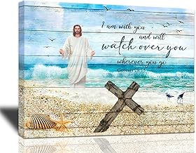 Christian Inspirational Decor Wall Art Jesus and Cross on Beach Picture Motivational Scripture Bible Verse Canvas Prints Teal and Blue Framed Artwork for Living Room Bedroom Bathroom Large 24"x16"