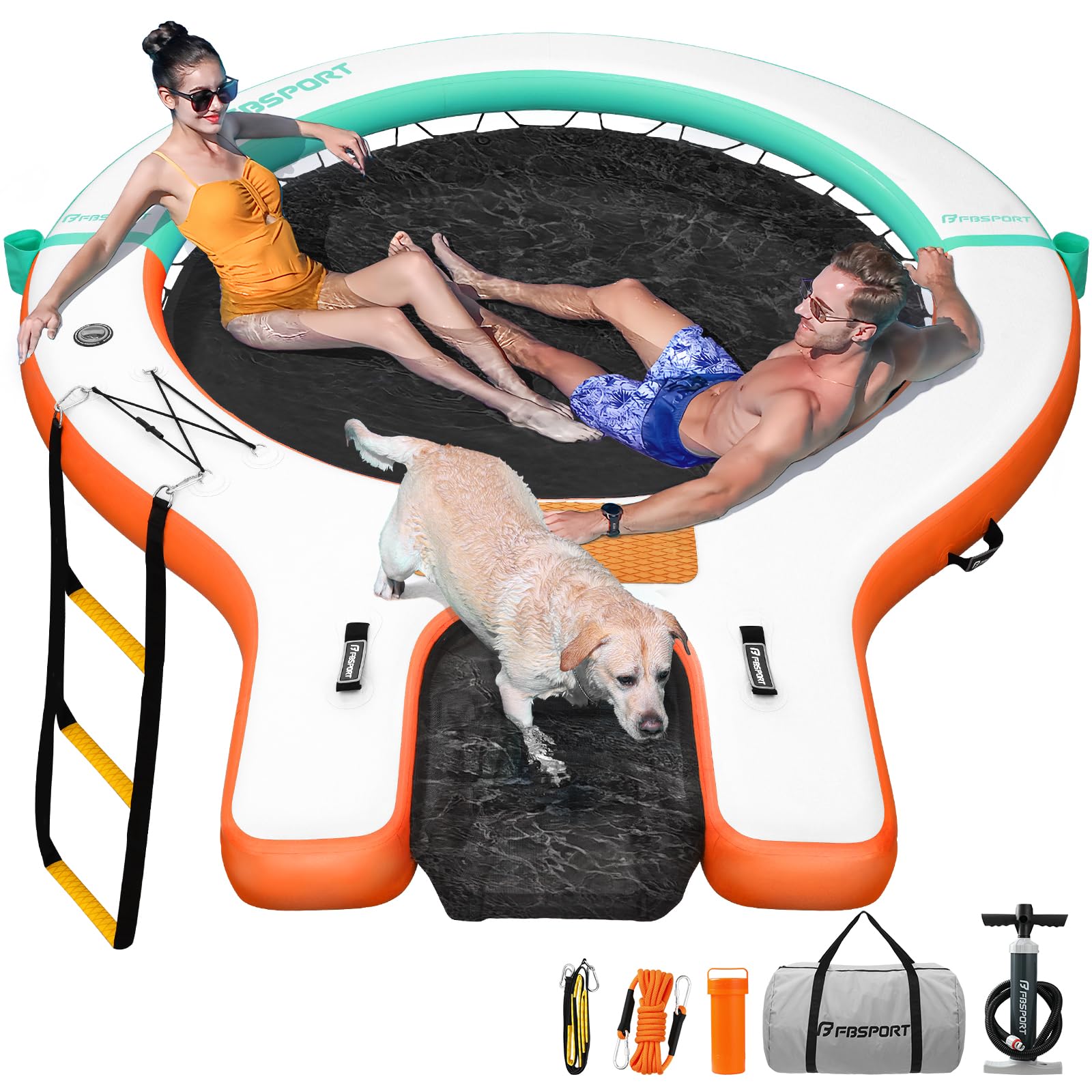 Große aufblasbare Badeplattform 240 cm Schwimminsel Sunchill mit Wasserrampe für Hunde, Wasserinsel für 3–5 Personen, Schwimmendes Dock inkl. Luftpumpe, Badeinsel Plattform für Pool Strand See & Ozean
