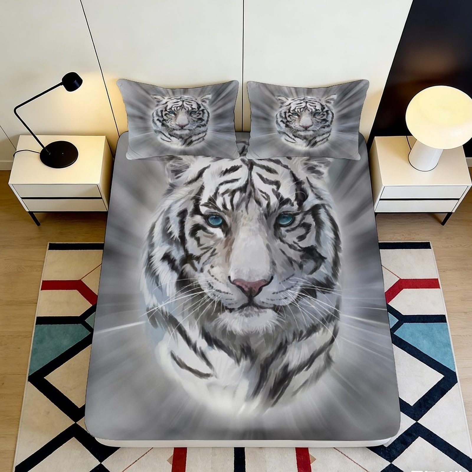 Kzqjxnhpcr Style-9 3D Printed White Tiger Fitted Sheet Microfiber Deep Pocket Non-Slip Bedroom Bedding White Tiger Mattress Fitted Cover 90X200x25cm 90X200x25cm