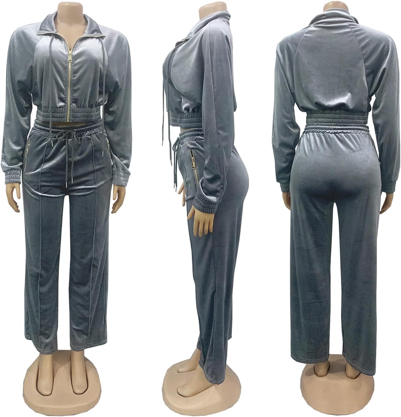 Adogirl Women 2 Piece Outfits Velour Zipper Sweatshirt Wide Leg Long Pants
