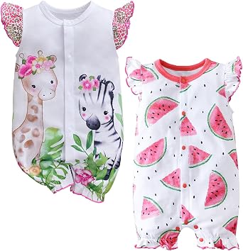 2-Pack Baby Girls Romper Newborn Giraffe Print Ruffles Sleeve Onesie Infant Summer Clothes