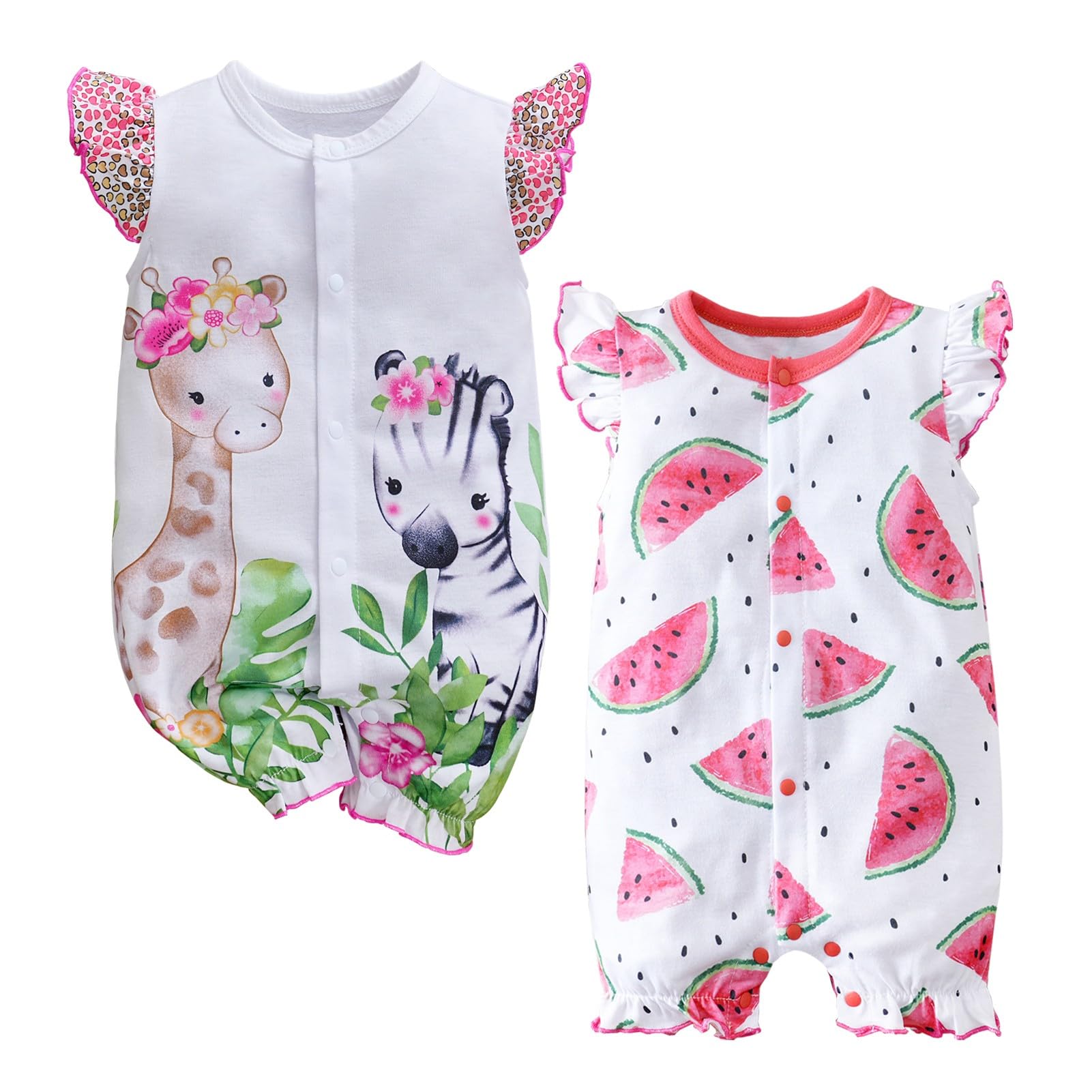 RELABTABY 2-Pack Baby Girls Romper Newborn Giraffe Print Ruffles Sleeve Onesie Infant Summer Clothes