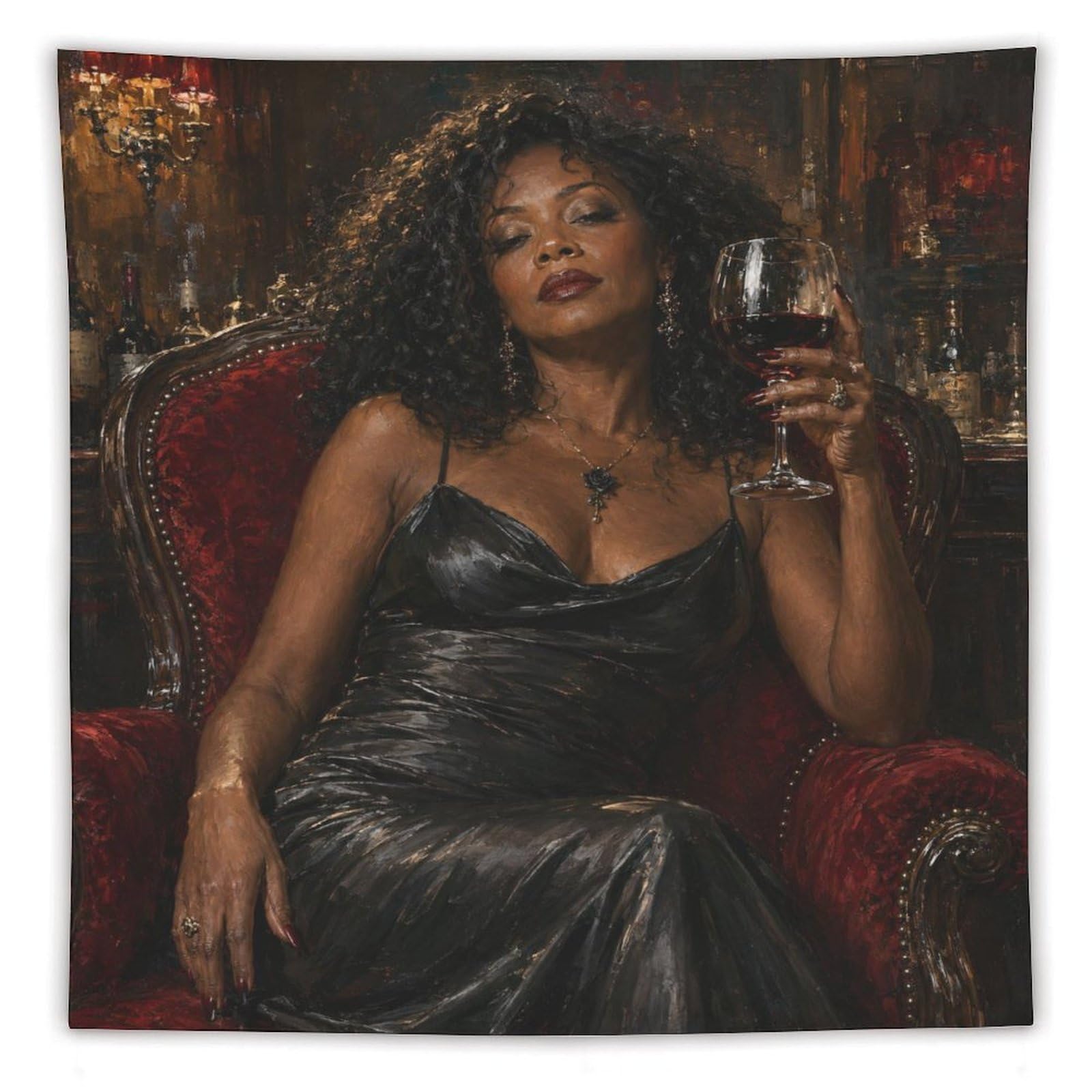 W7C8U2X3 Elegant Black Woman Wine Glass Wall Tapestry, Oil Painting