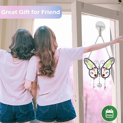 Miniatura 2 de KUNDGLA - Atrapasoles con diseño de mariposa para hermana, vitral, con alas de flores prensadas incrustadas en vidrio con ribete de metal, dije de