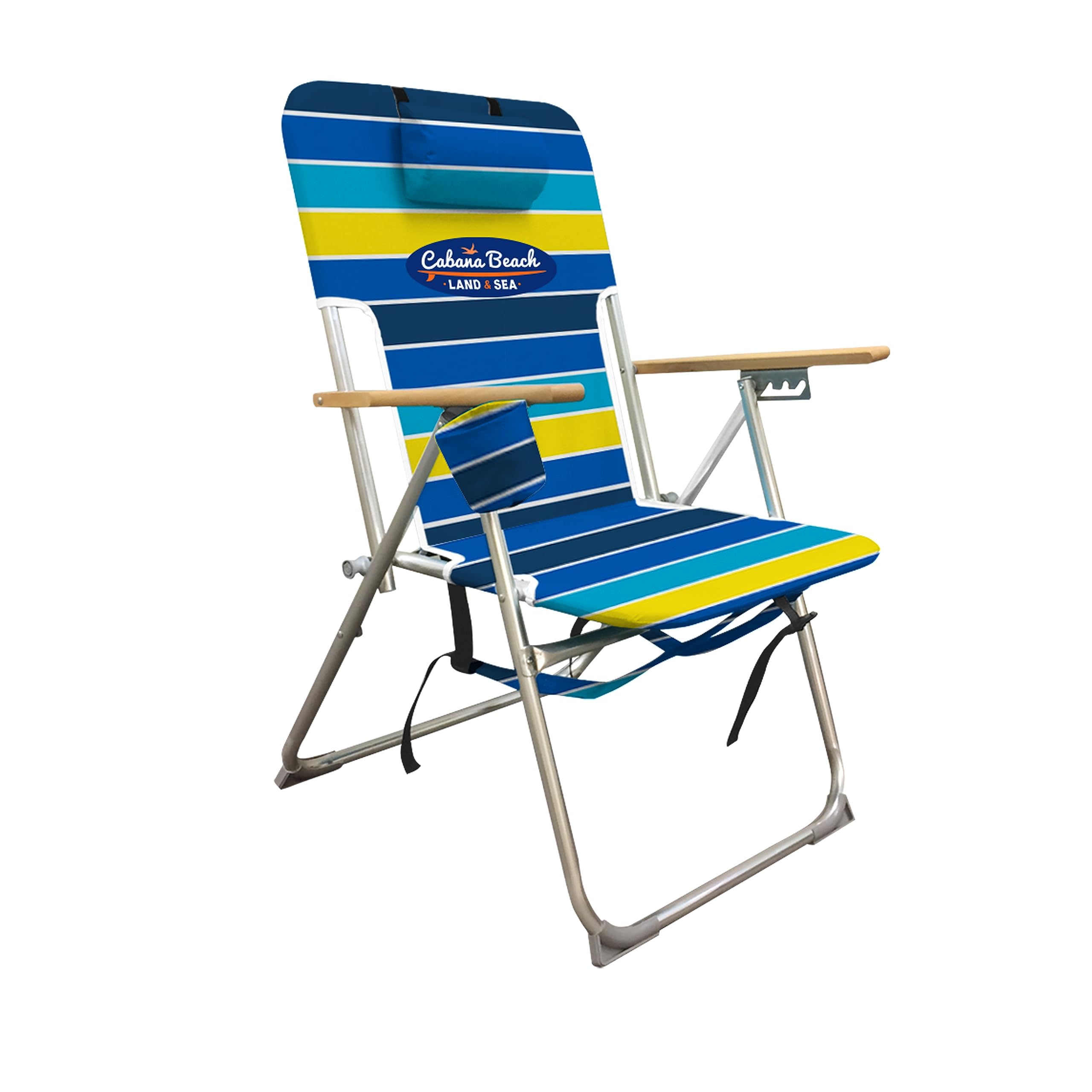 Cabana Beach, 4 Position Folding Beach Portable Backpack Foldable Camping Chair with Headrest, Cup Holder, and Wooden Armrests, Cool Bold Stripe