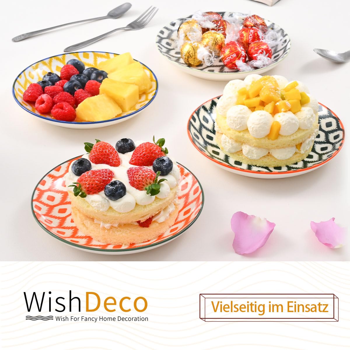 WishDeco Kuchenteller 6er Set, Kleine Dessertteller 15cm, Porzellan Salatteller, Bunte Frühstücksteller, Mini Speiseteller für Pasta, Obst, Brot