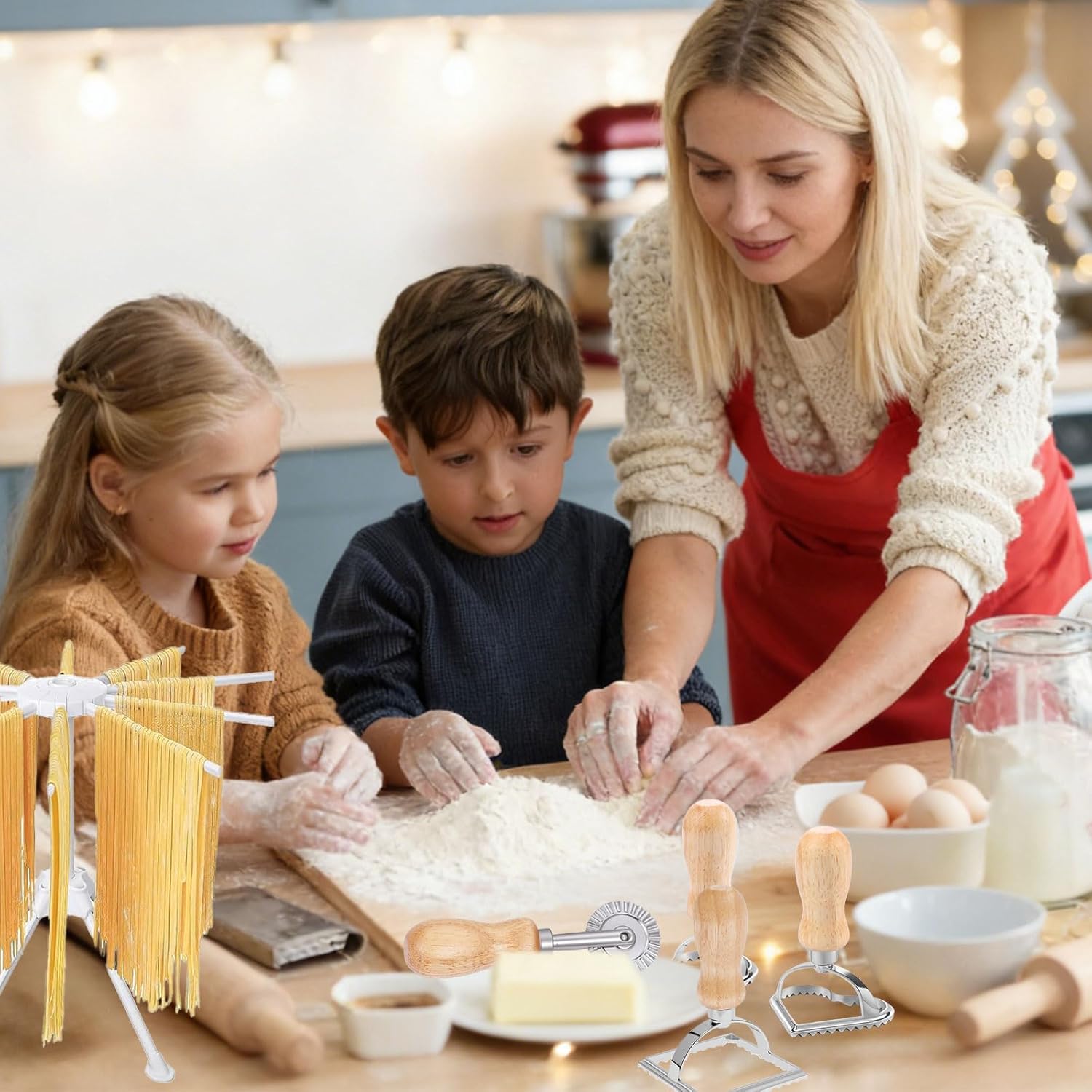 15 PCS Pasta Making Tools Set Include 1 Pasta Drying Rack, 1 Gnocchi Board, 3 Rolling Pins, 1 Filling Spoon, 2 Dough Cutter, 1 Ravioli Maker, 1 Ravioli Cutter, 3 Pasta Stamps, 2 Dumpling Maker Tools