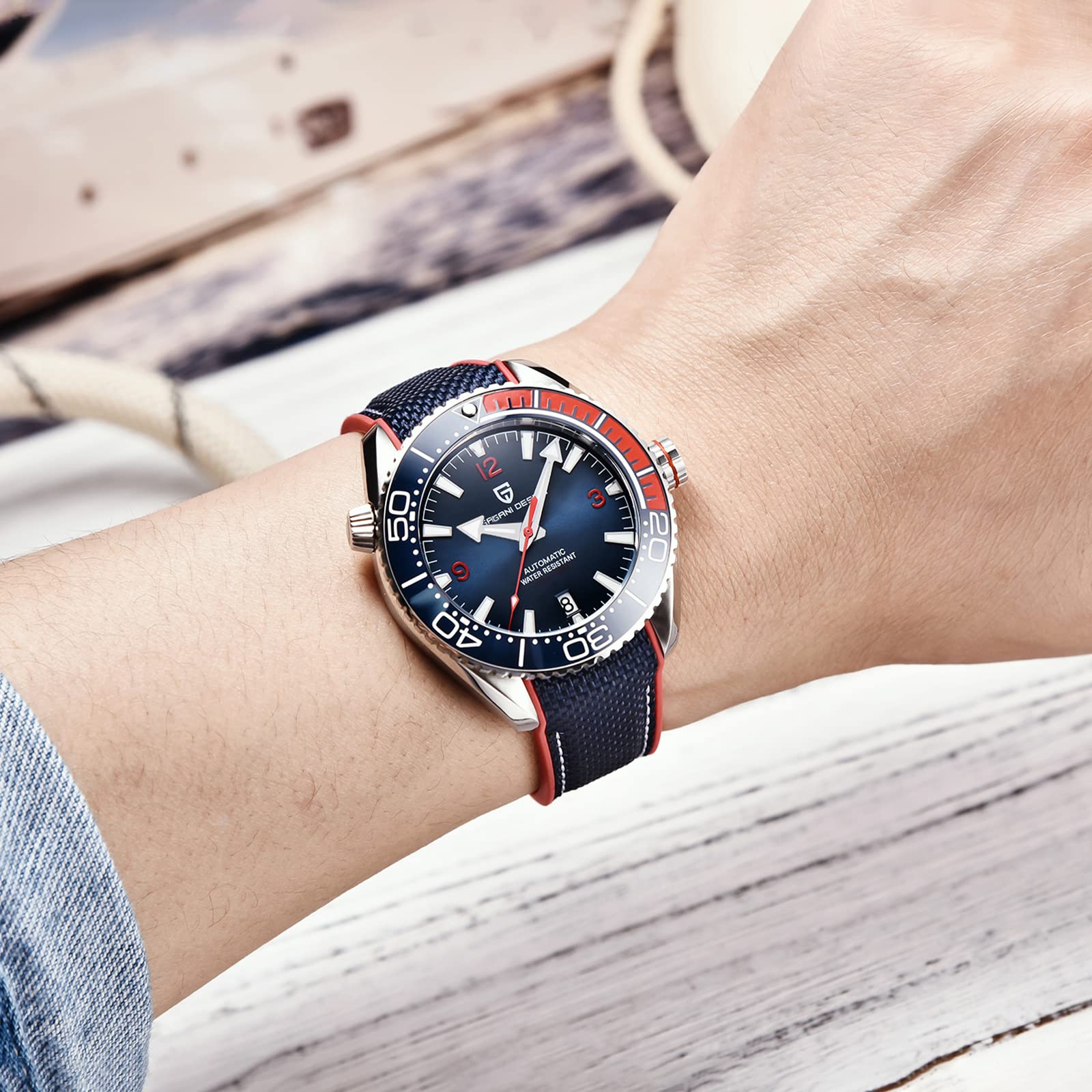 Reloj de pulsera para hombre, diseño Pagani automático, mecánico, de acero inoxidable, reloj de buceo deportivo, movimiento NH35, cristal de zafiro, correa de goma de nailon, reloj elegante para hombres, Cinta Azul, ocio, deportes, moda, negocios, deporte 2