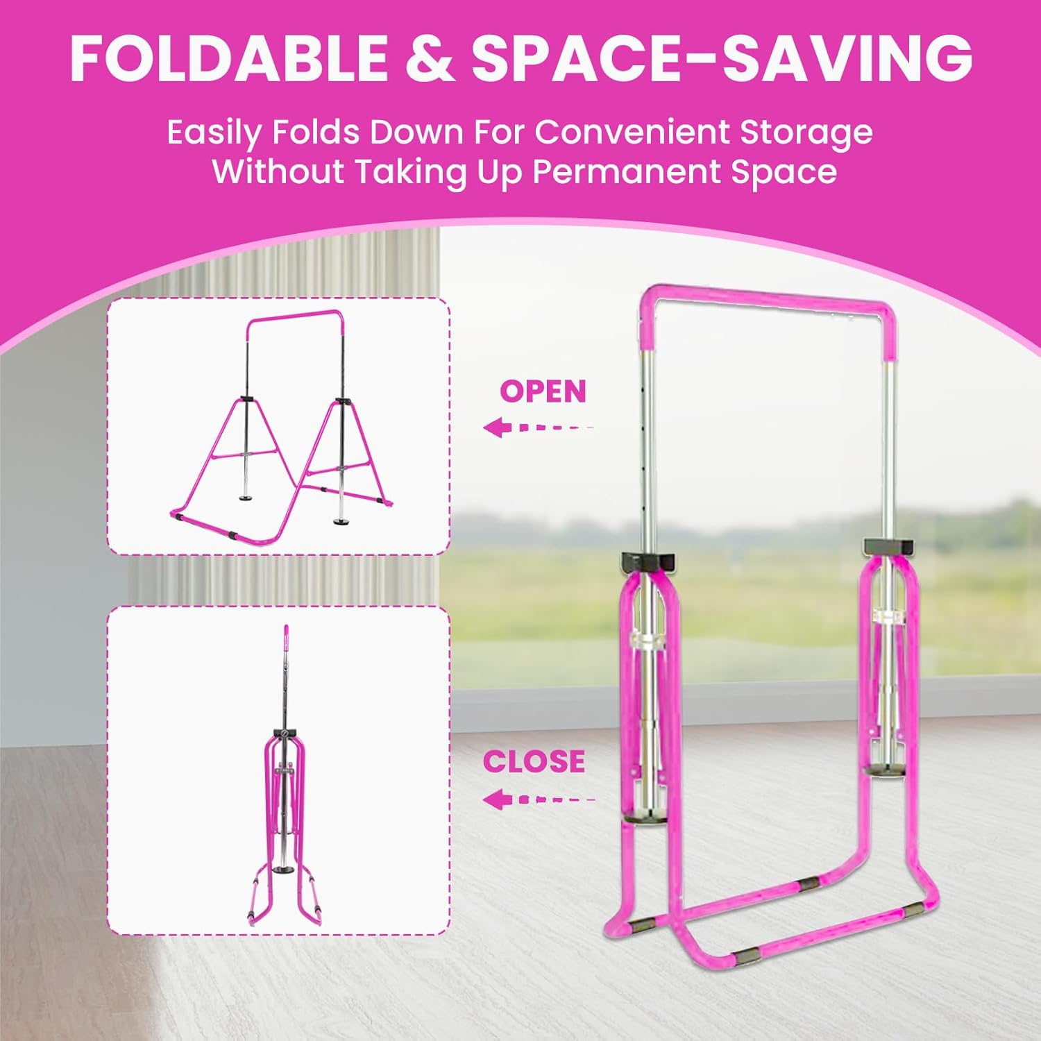 Amrta Foldable Gymnastics Bar with Rings, Adjustable Collapsible Horizontal Training Equipment Set for Indoor Outdoor Home Use Gym Gift in Pink Purple Blue