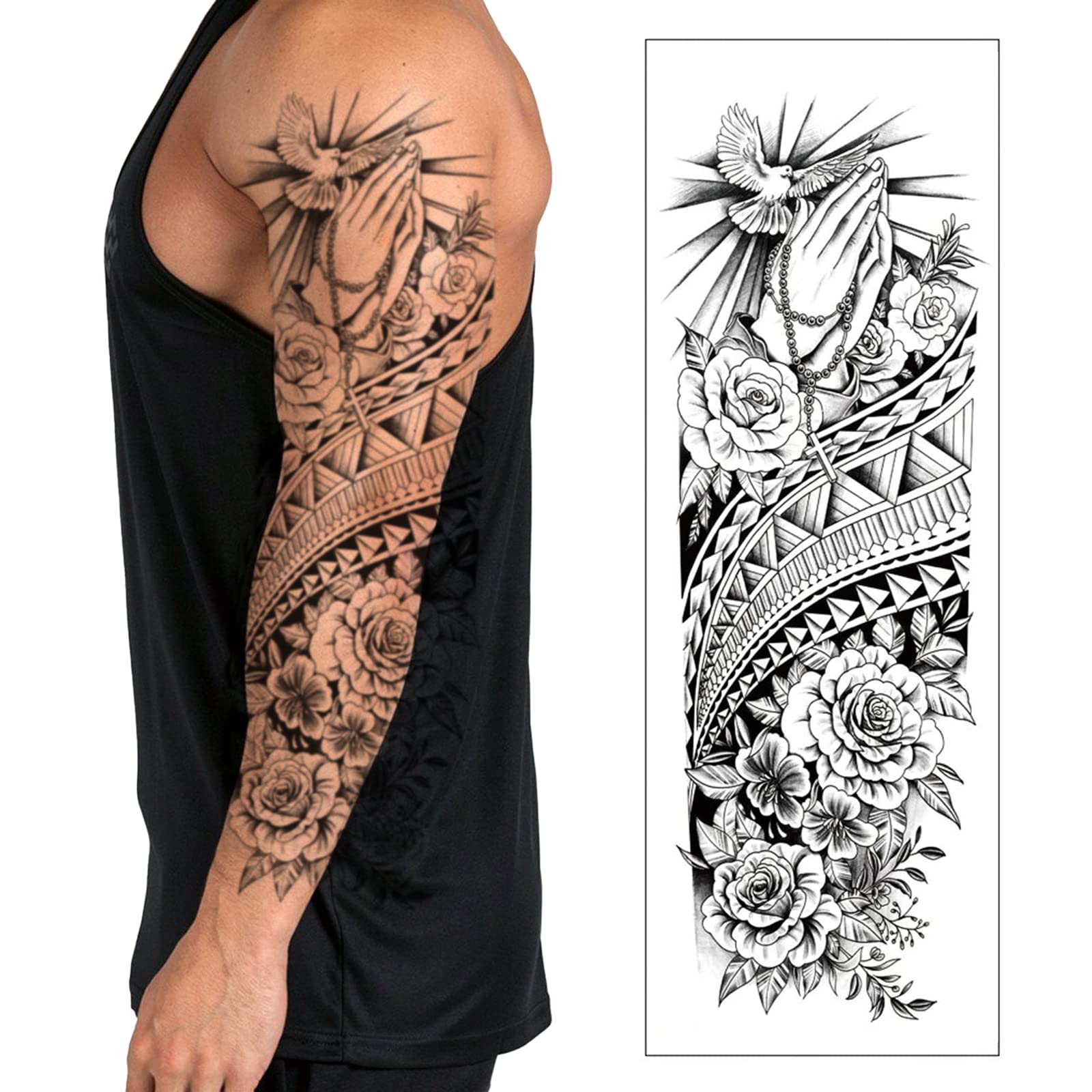 Temporary Tattoo Sleeve Transfer - Full Arm Realistic Waterproof Fake Tattoo Sticker for Men Women Kids - By Delusion Tattoos (Polynesian Floral Hope), Grey, 17cm x 48cm