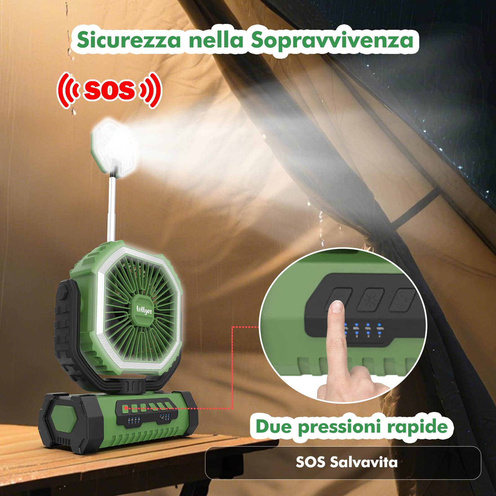 Ventilatore da Campeggio con Luce, Alimentazione a Batteria 20000mAh, Ventilatore Portatile Ricaricabile con Telecomando e Gancio Rotante a 360°, 4 Velocità per Interni, Viaggi, Camper (Verde)