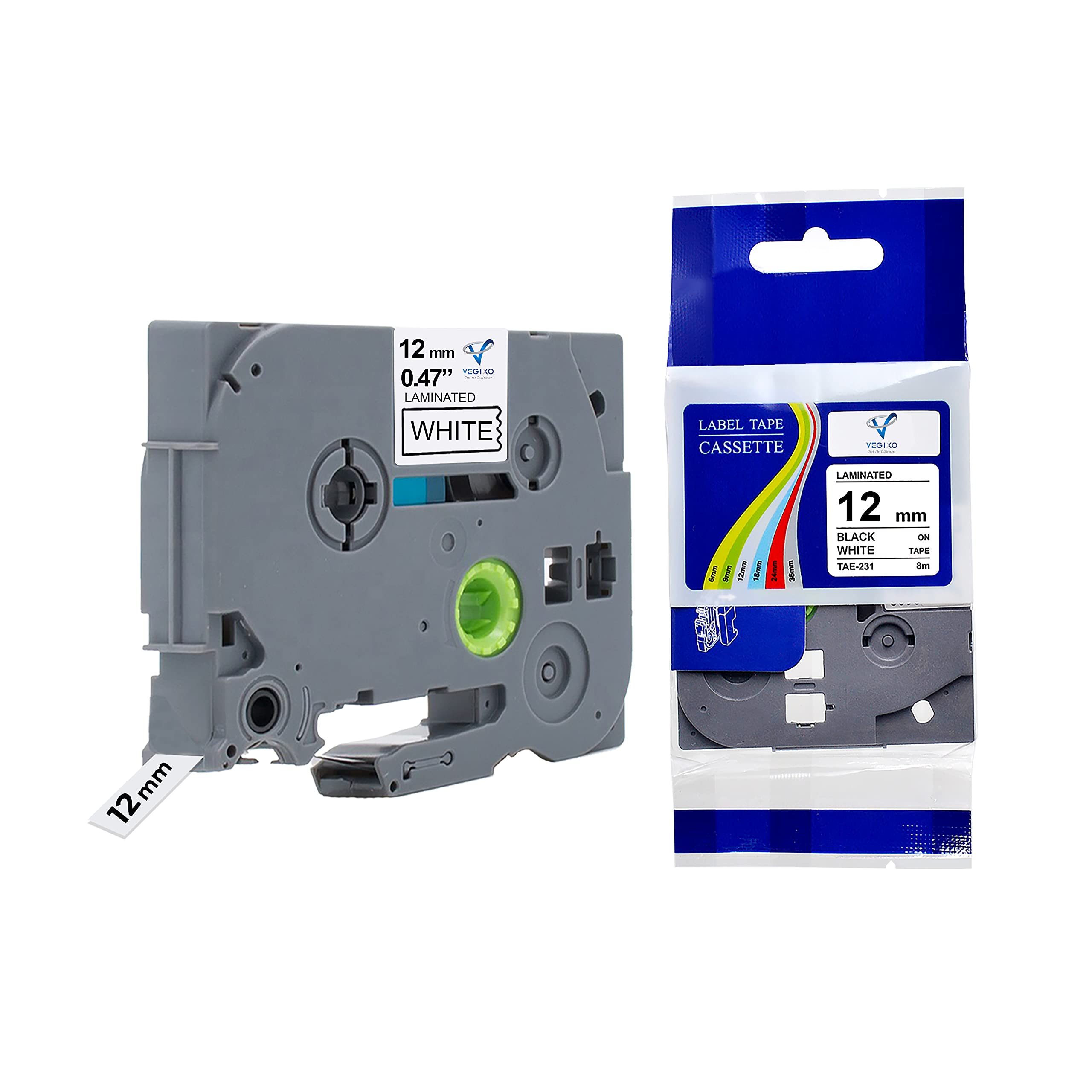 VEGIXO Compatible Label Tape Replacement for Brother TZe-231 TZ-231 P Touch Label Tape 12mm 0.47'' Laminated White TZ-231 for PTouch Label Maker PT-D210 PT-H110 PT-D400AD PT-P710BT, 1-Pack