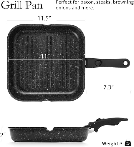 Miniatura 2 de ESLITE LIFE Sartén antiadherente con mango desmontable, versátil sartén cuadrada para cocinar en interiores y exteriores, libre de PFOA, negro, 11